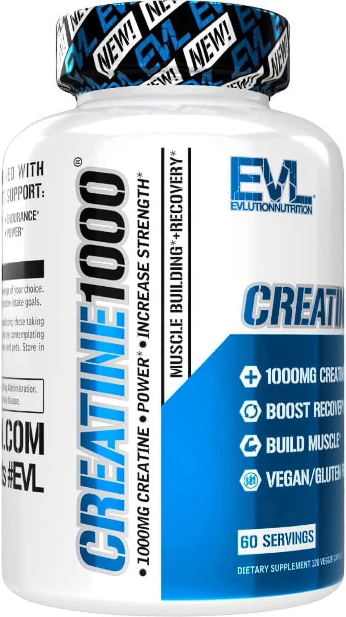 Creatine Monohydrate Pills 120Ct - EVL Nutrition Muscle Builder & Recovery Supplement - Creatine Capsules 1000Mg - Evallys.com # #