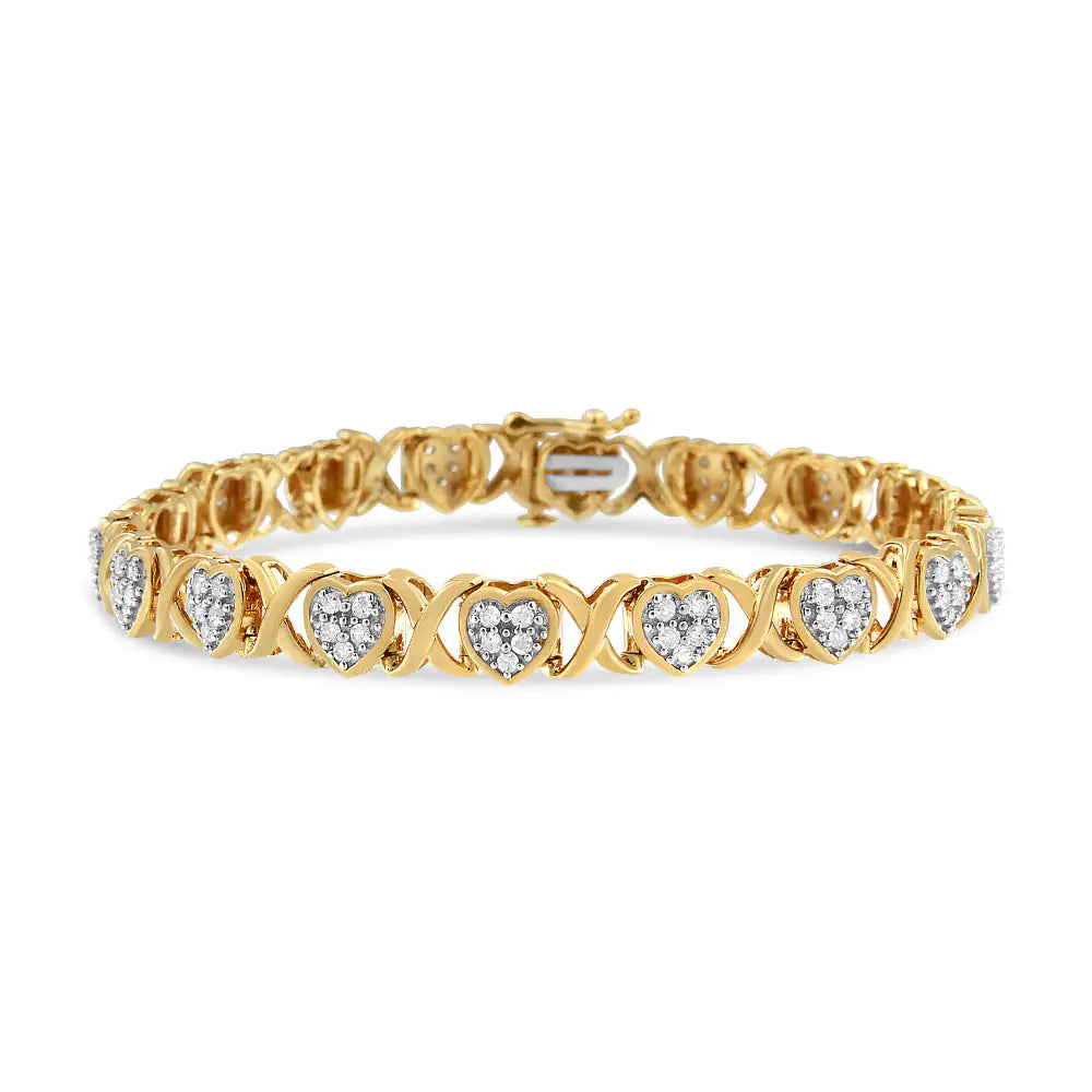 14KY Yellow Gold Plated .925 Sterling Silver 1.00 Cttw Diamond Heart and X Link Bracelet (I-J Color, I3 Clarity) - 7.25" Inches - Evallys.com # #