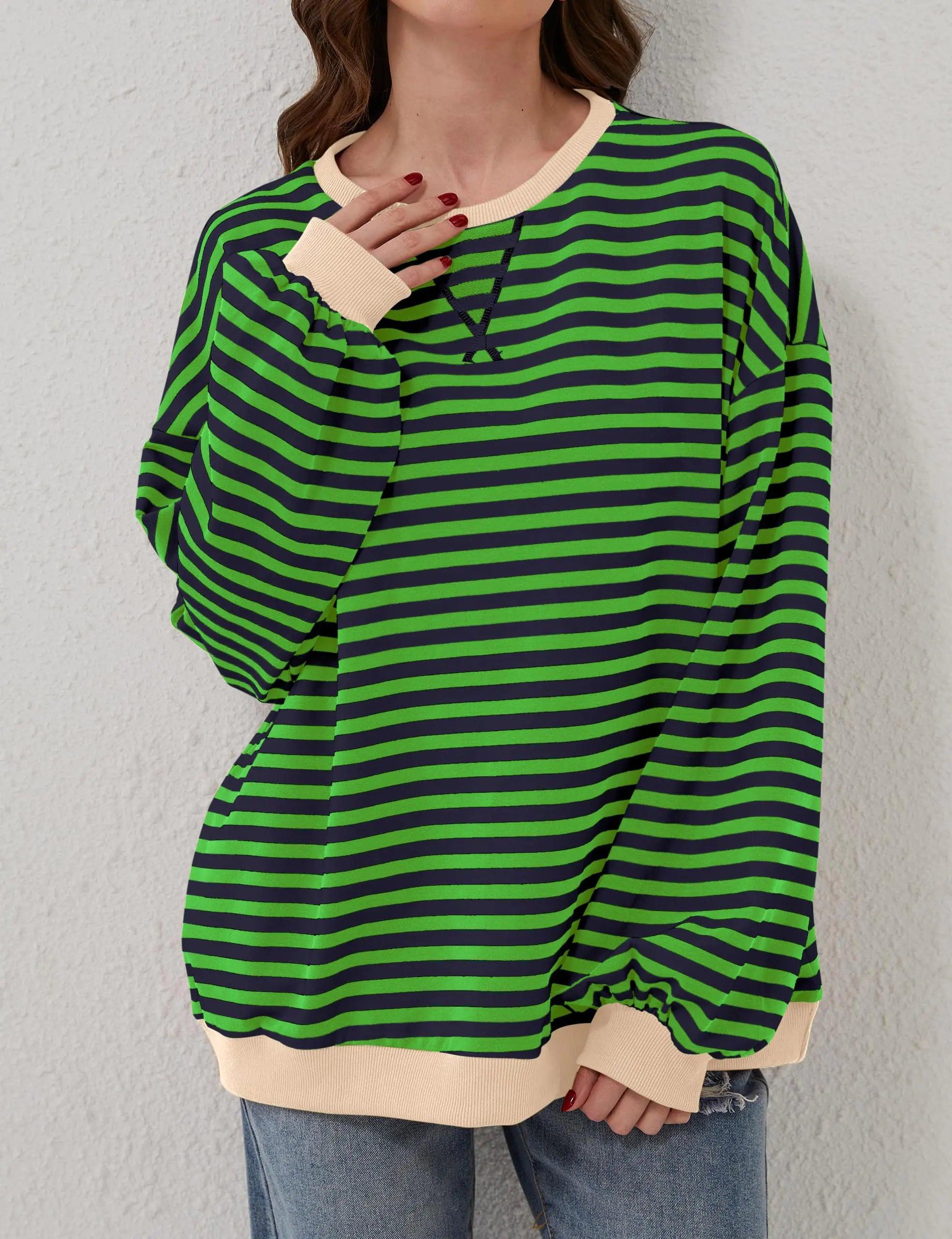 Women Oversized Striped Color Block Long Sleeve Crew Neck Sweatshirt Casual Loose Pullover Y2K Shirt Top Medium Grey Green - Evallys.com # #