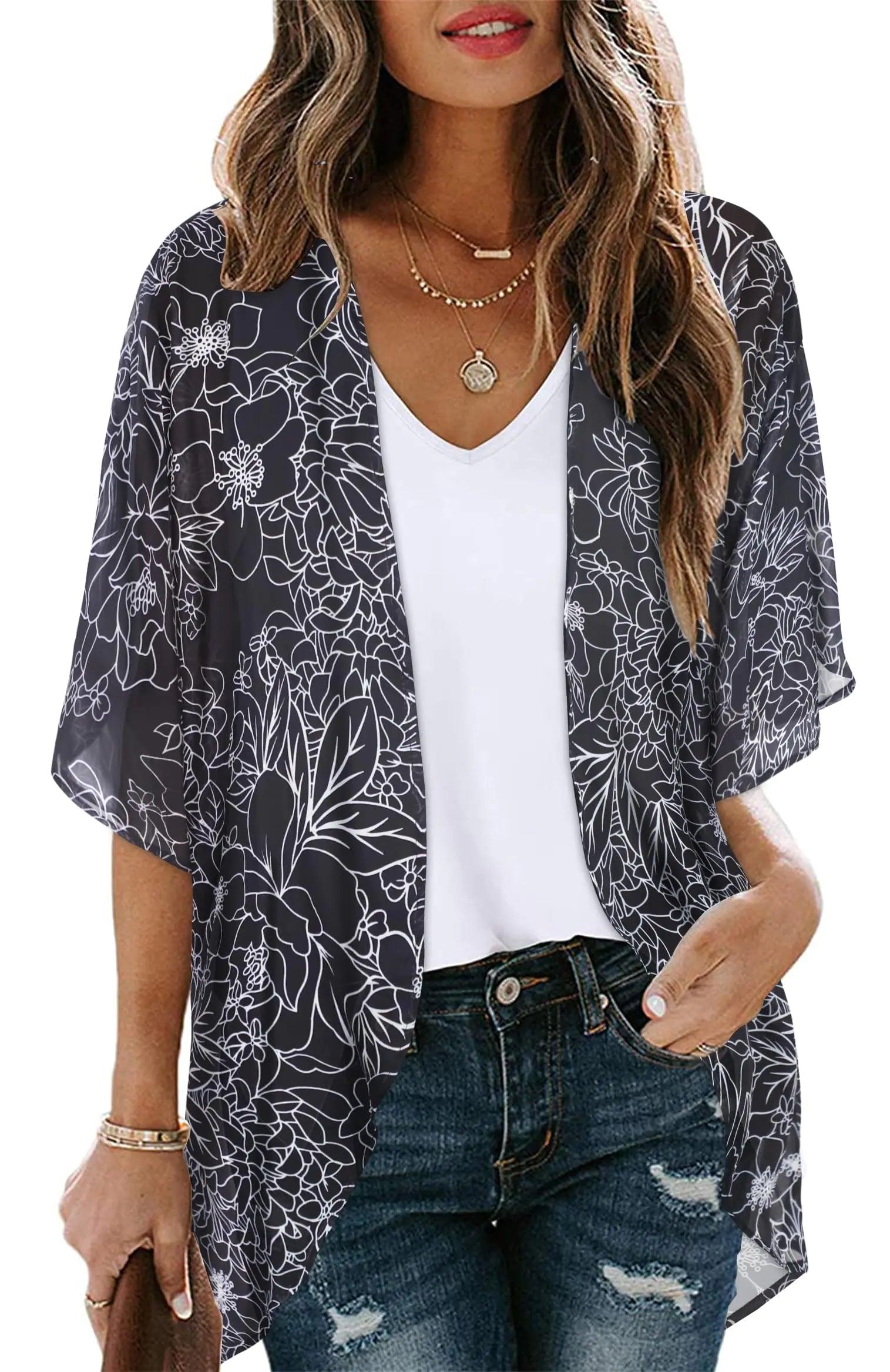 Women's Floral Print Puff Sleeve Kimono Cardigan Loose Cover Up Casual Blouse Tops Small Orange Black - Evallys.com