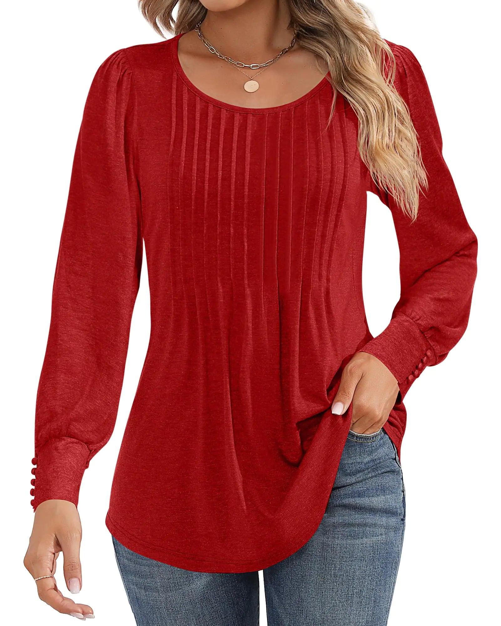 Ficerd Women's Puff Long Sleeve Tunic Tops Pleated Crew Neck Blouses Dressy Casual Loose Fit Fall and Winter Shirts Pink Floral Large - Evallys.com