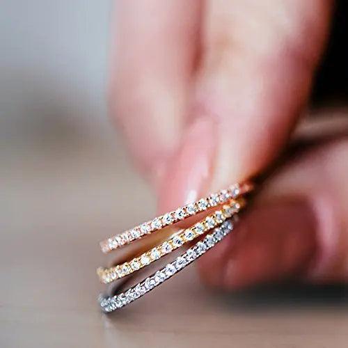 PAVOI 14K Gold Plated Solid 925 Sterling Silver CZ Simulated Diamond Stackable Ring Eternity Bands for Women 14K Plated 9 Pack - Evallys.com # #