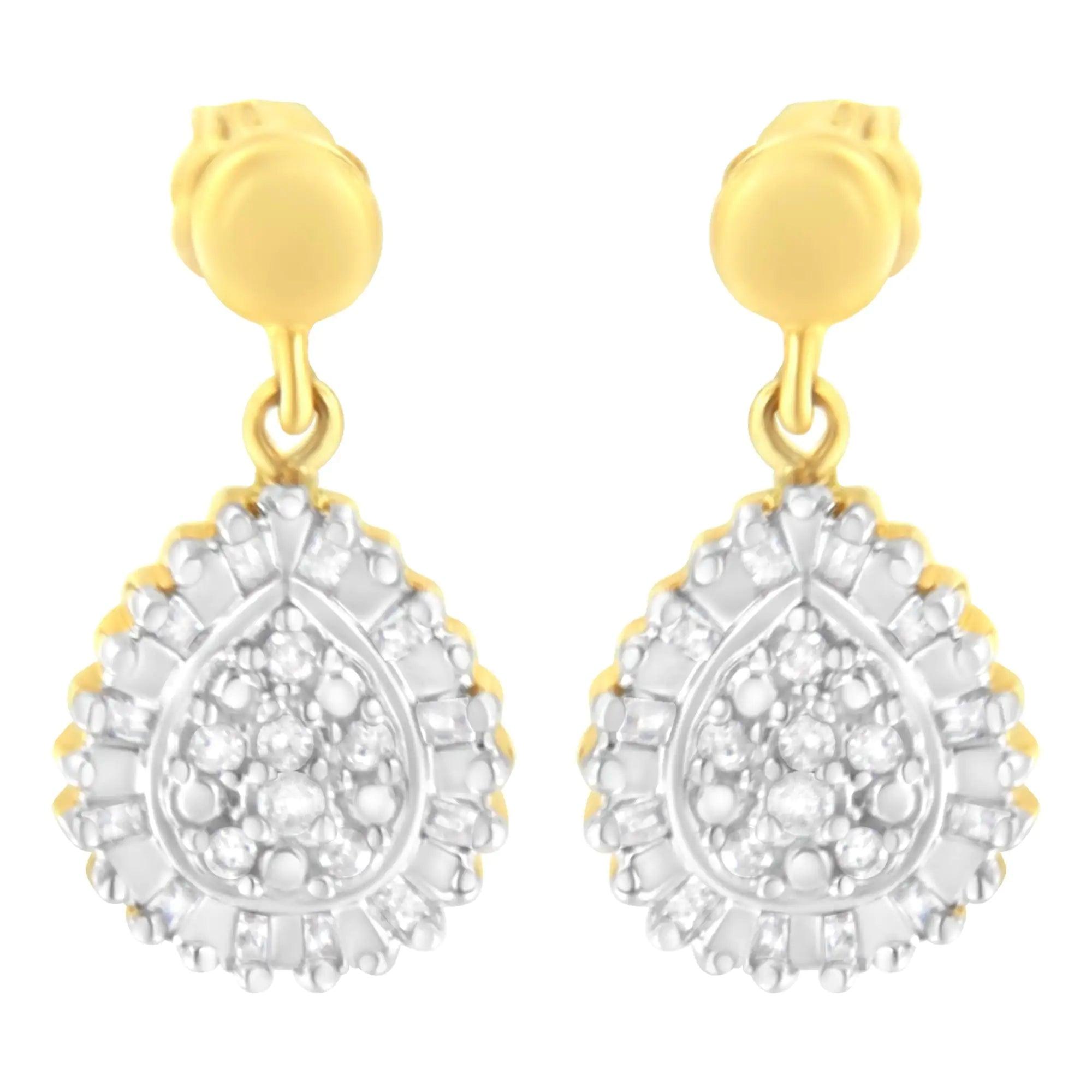 10K Yellow Gold 1/4 Cttw Round and Baguette-Cut Diamond Cluster Drop and Dangle Stud Earrings (I-J Color, I2-I3 Clarity) - Evallys.com # #