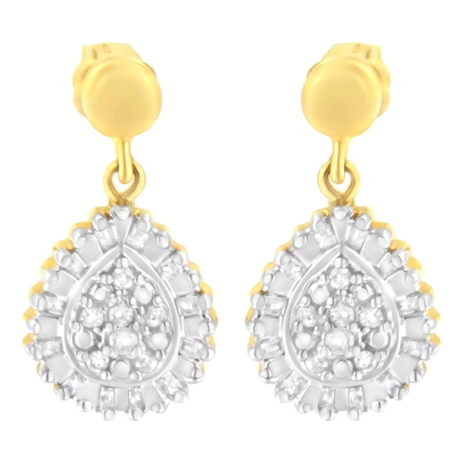 10K Yellow Gold 1/4 Cttw Round and Baguette-Cut Diamond Cluster Drop and Dangle Stud Earrings (I-J Color, I2-I3 Clarity) - Evallys.com # #