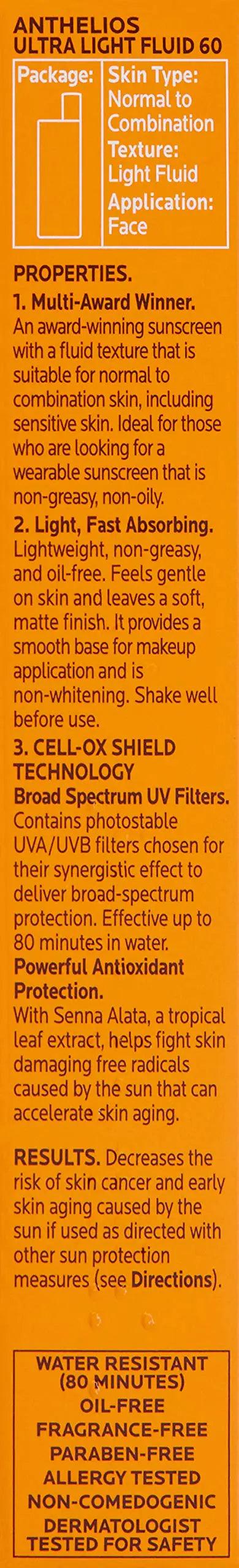 La Roche-Posay Anthelios Light Fluid Facial Sunscreen SPF 60 | Lightweight Sunscreen For Face | Fluid Texture | Broad Spectrum SPF + Antioxidants | Oil Free & Oxybenzone Free | Travel Size 1.7 Fl. Oz. - Evallys.com # #