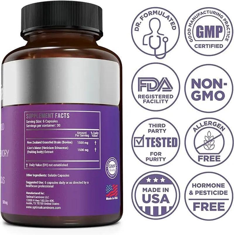 Lions Mane & Beef Brain, Nootropics Brain Support Supplement, Brain Supplements for Memory and Focus, 180 Capsules - Evallys.com # #