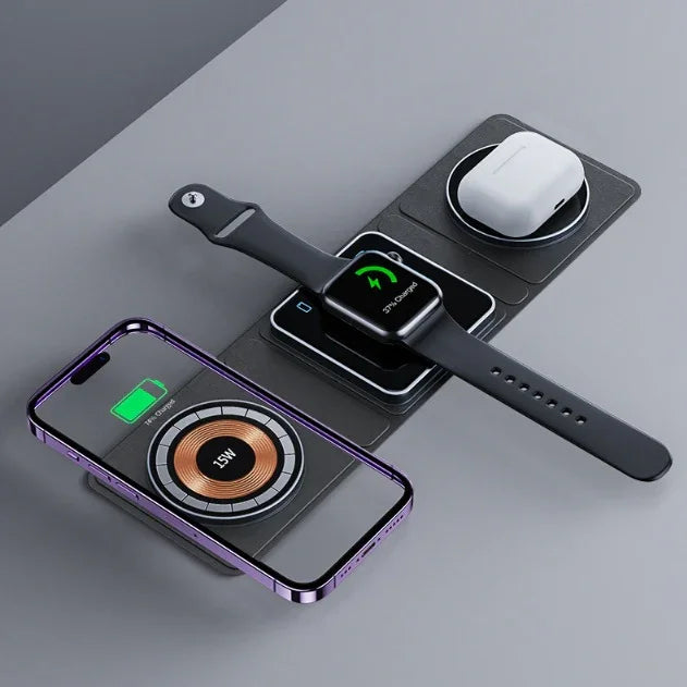 3 IN 1 Magnetic Folding Wireless Charger Station For IPhone Transparent Fast Charging For IWatch And Airpods - Evallys.com