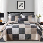 Y-PLWOMEN Quilt 100% Cotton King Size Quilt Set, Brown Khaki Black White Patchwork Plaid Bedspread, Lightweight Reversible Soft Summer Quilt Bedding Set, 3-Pieces - Evallys.com # #