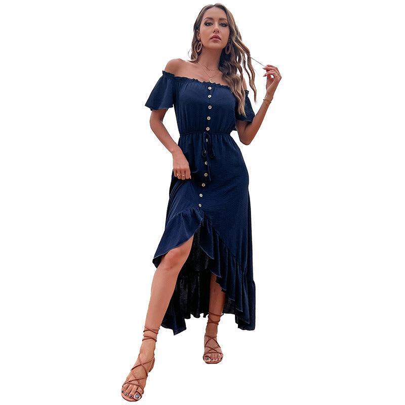 Irregular ruffled female dress with one-line collar tether - Evallys.com # #