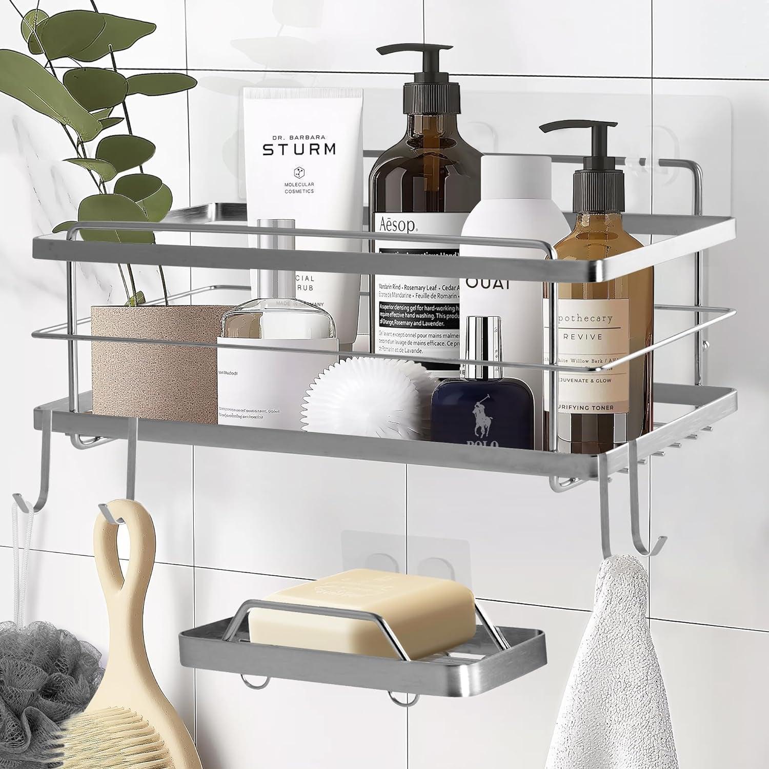 KINCMAX Premium Shower Caddy - Self Adhesive Shower Organizer W/Hooks, Drill-Free Shower Shelves for inside Shower, Rustproof Stainless Steel Shower Rack for Bathroom, Matte Black - Evallys.com # #