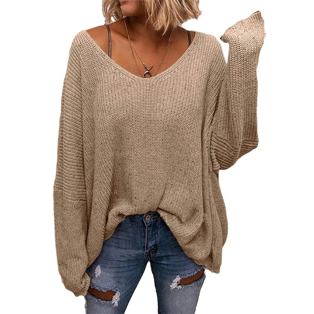 BZB Women's V Neck Long Sleeve Knit Loose Oversized Pullover Sweater Top Medium X-khaki - Evallys.com # #