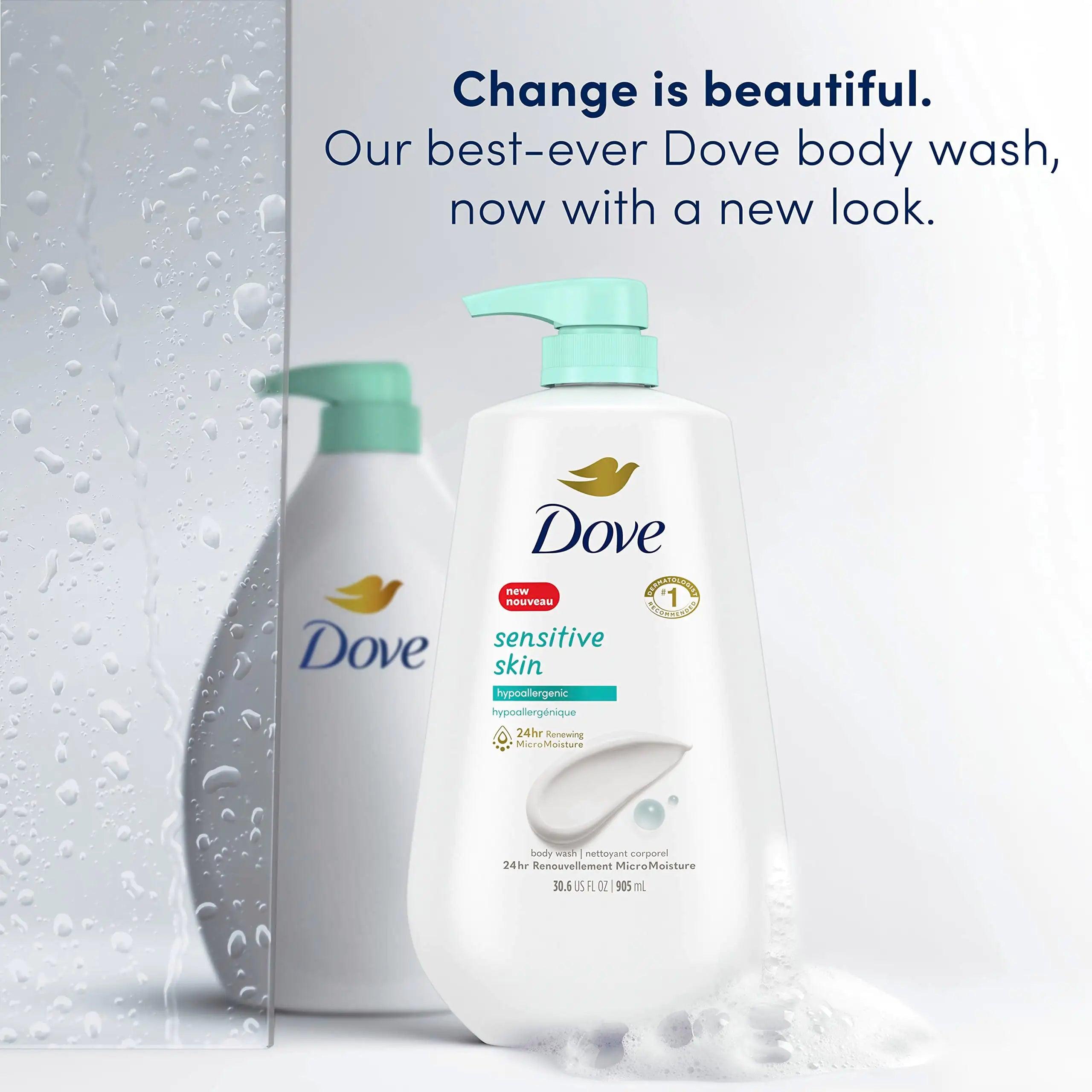 Dove Body Wash 3 Count with Pump Sensitive Skin Hypoallergenic, Paraben-Free, Sulfate-Free, Cruelty-Free, Moisturizing Skin Cleanser Effectively Washes Away Bacteria While Nourishing Skin 30.6 oz Fragranced 30.6 Fl Oz (Pack of 3) - Evallys.com # #