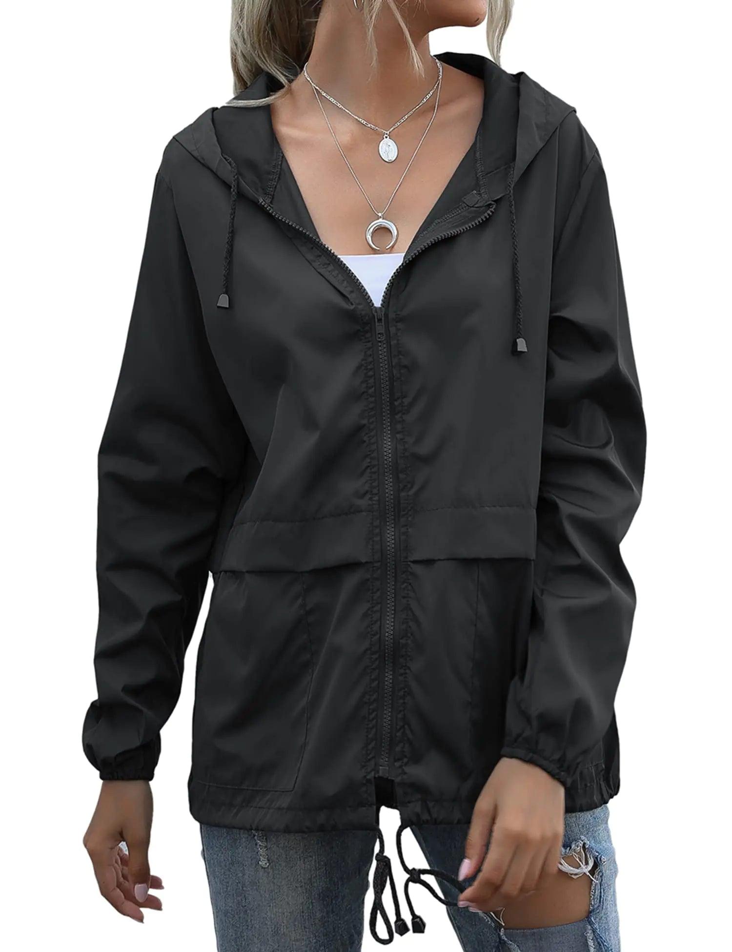 Women's Raincoats Lightweight Waterproof Windproof Adjustable Windbreaker Rain Jackets Hooded with Pockets S-XXL XX-Large Zipper Black - Evallys.com # #