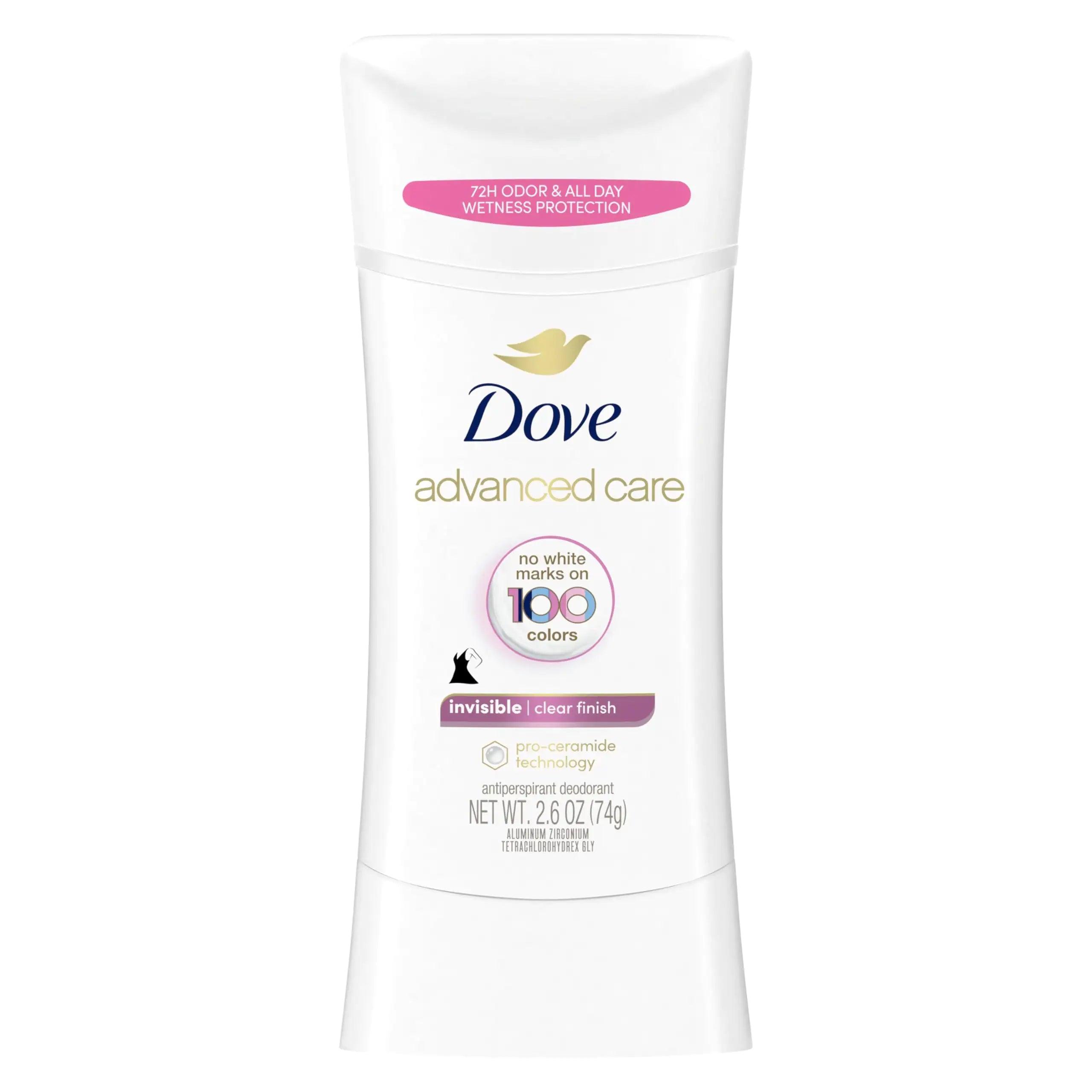 Dove Advanced Care Antiperspirant Deodorant Stick Clear Finish Antiperspirant deodorant that doesn’t stain clothes 72-hour odor control and all-day sweat protection with Pro-Ceramide Technology 2.6 oz Fragranced 2.6 Ounce (Pack of 1) - Evallys.com # #