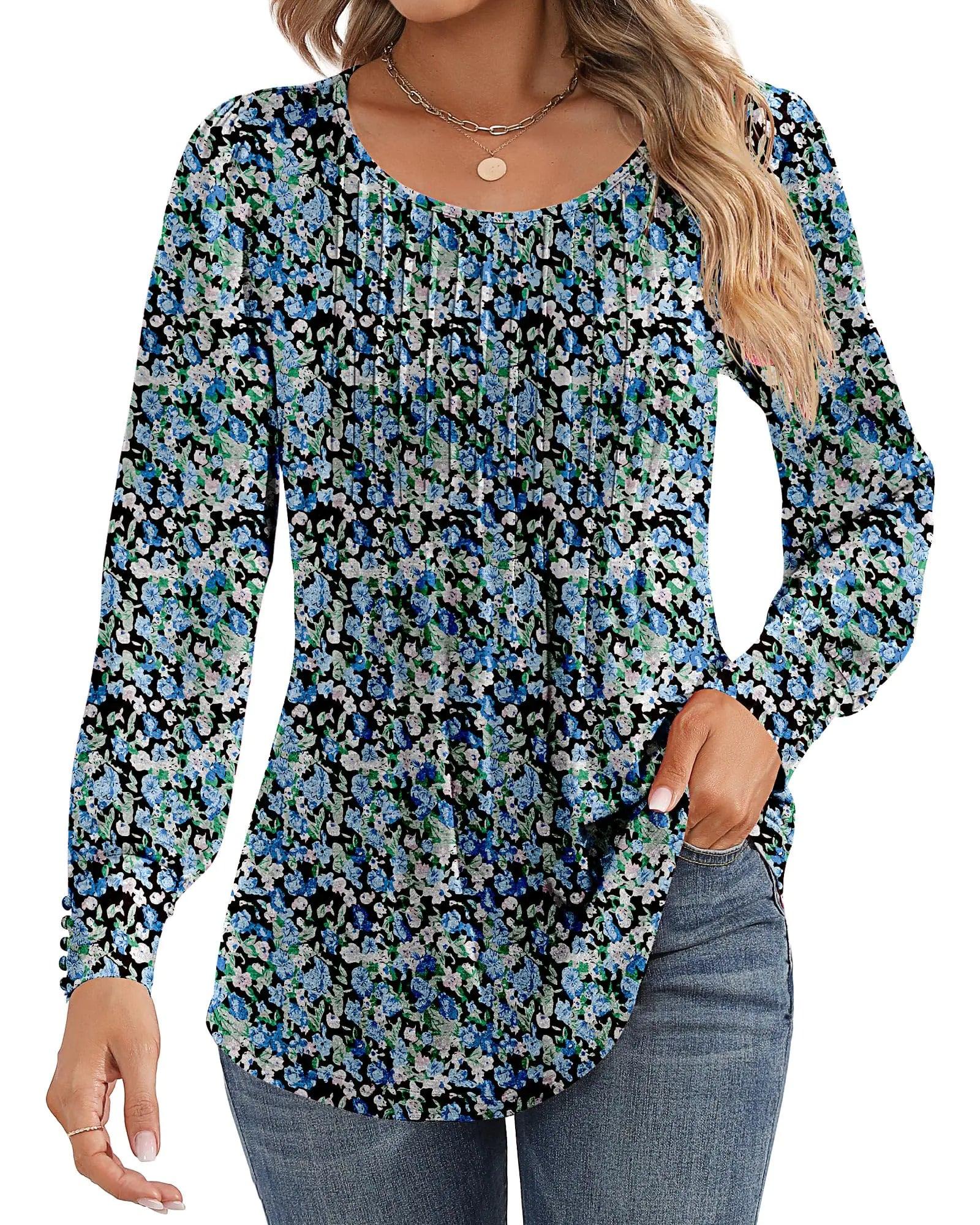 Ficerd Women's Puff Long Sleeve Tunic Tops Pleated Crew Neck Blouses Dressy Casual Loose Fit Fall and Winter Shirts Pink Floral Large - Evallys.com