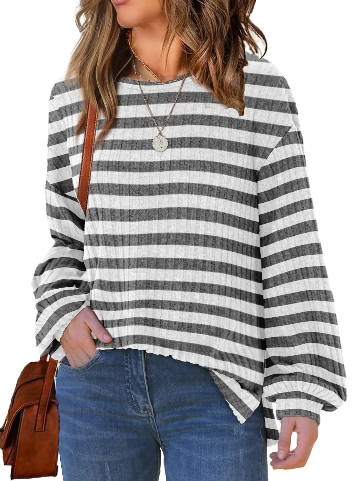 WIHOLL Long Sleeve Shirts for Women Loose Fit Casual Crewneck Tunic Tops Fall Fashion Pullover Sweaters Side Split Striped-grey Medium - Evallys.com # #