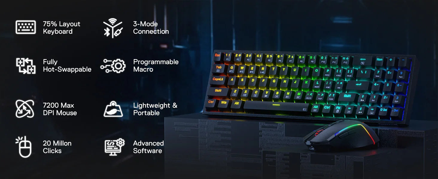 Redragon BS136 Gaming Keyboard & Mouse Combo, 75% K628 Tri-Mode Wireless RGB Mechanical Keyboard and 7200 DPI Gamer Mouse Bundle - Evallys.com