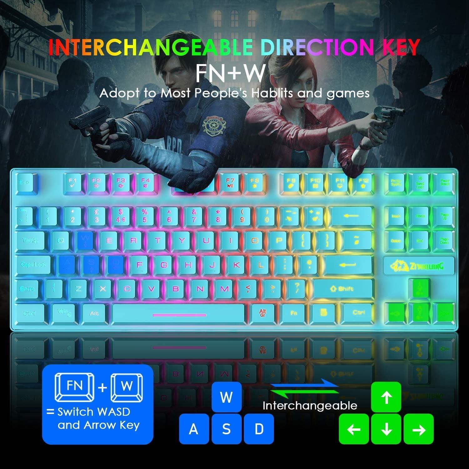 Gaming Keyboard and Mouse Combo, 88 Keys Compact Rainbow Backlit Mechanical Touch Keyboard, RGB Backlit 6400 DPI Lightweight Gaming Mouse with Honeycomb Case for Windows PC Gamers (Blue) - Evallys.com # #