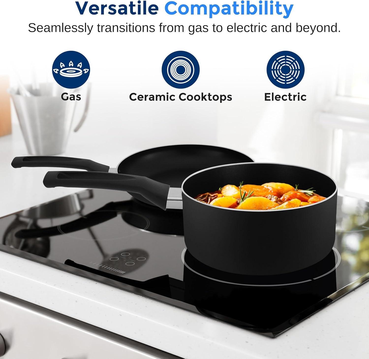 Serenelife Kitchenware Pots & Pans Basic Kitchen Cookware, Black Non-Stick Coating Inside, Heat Resistant Lacquer (20-Piece Set), One Size - Evallys.com # #