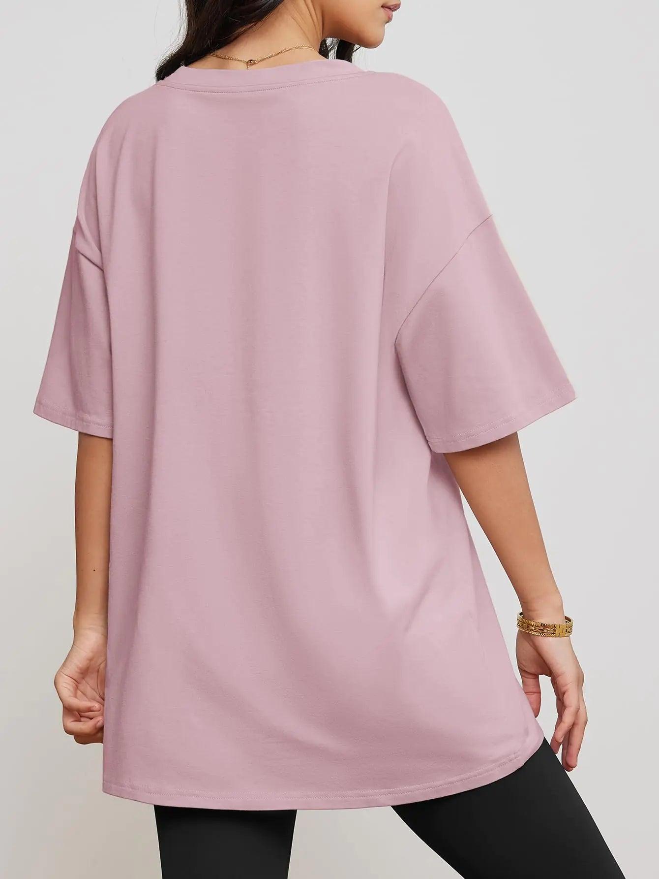 ATHMILE Womens Oversized T Shirts V Neck Tees Half Sleeve Cozy Comfy Tunic 2024 Y2K Tops Casual Small Dark Pink - Evallys.com # #