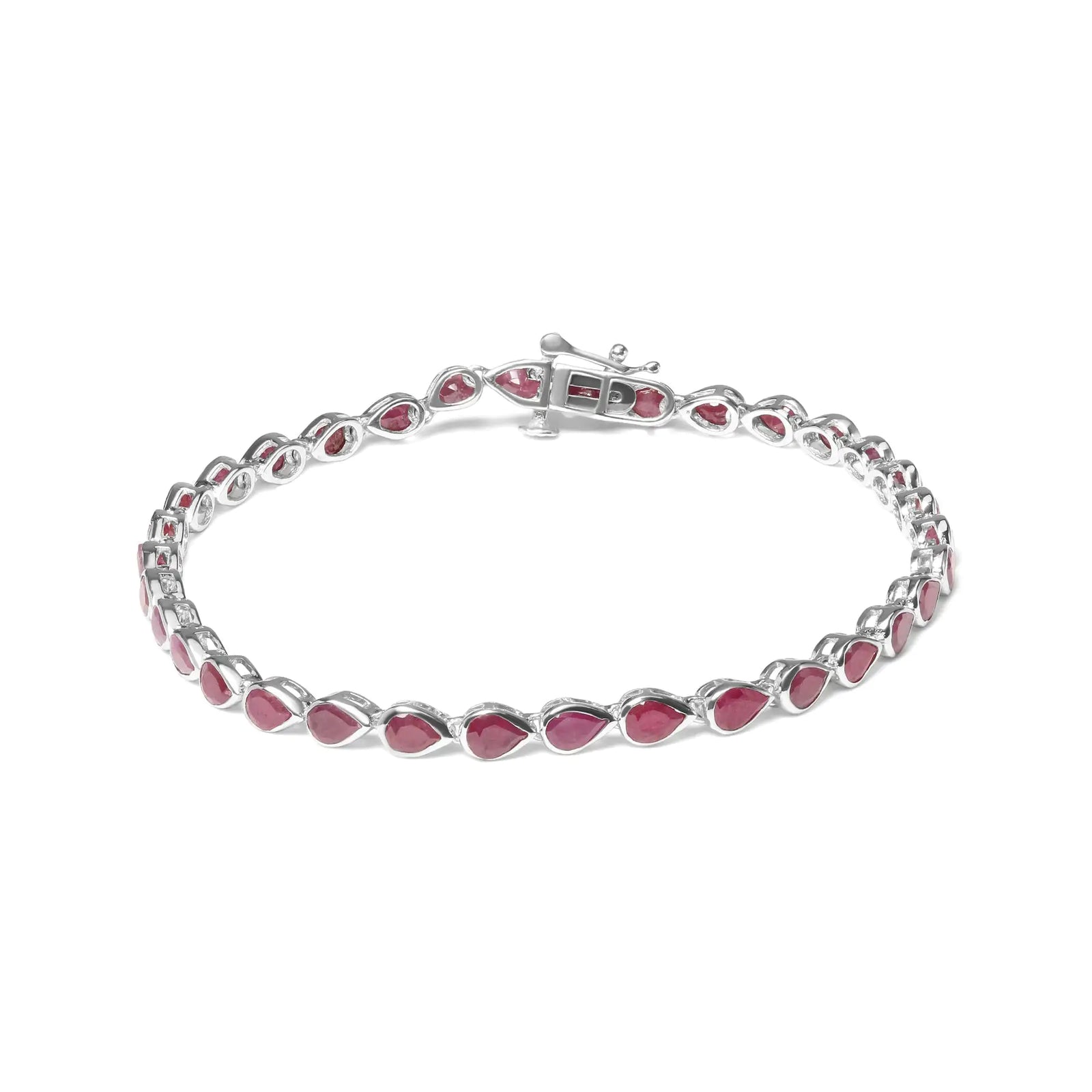 .925 Sterling Silver Bezel Set Pear Shaped Lab Created Pink Ruby Link Bracelet (AAA+ Quality) - Size 7.25