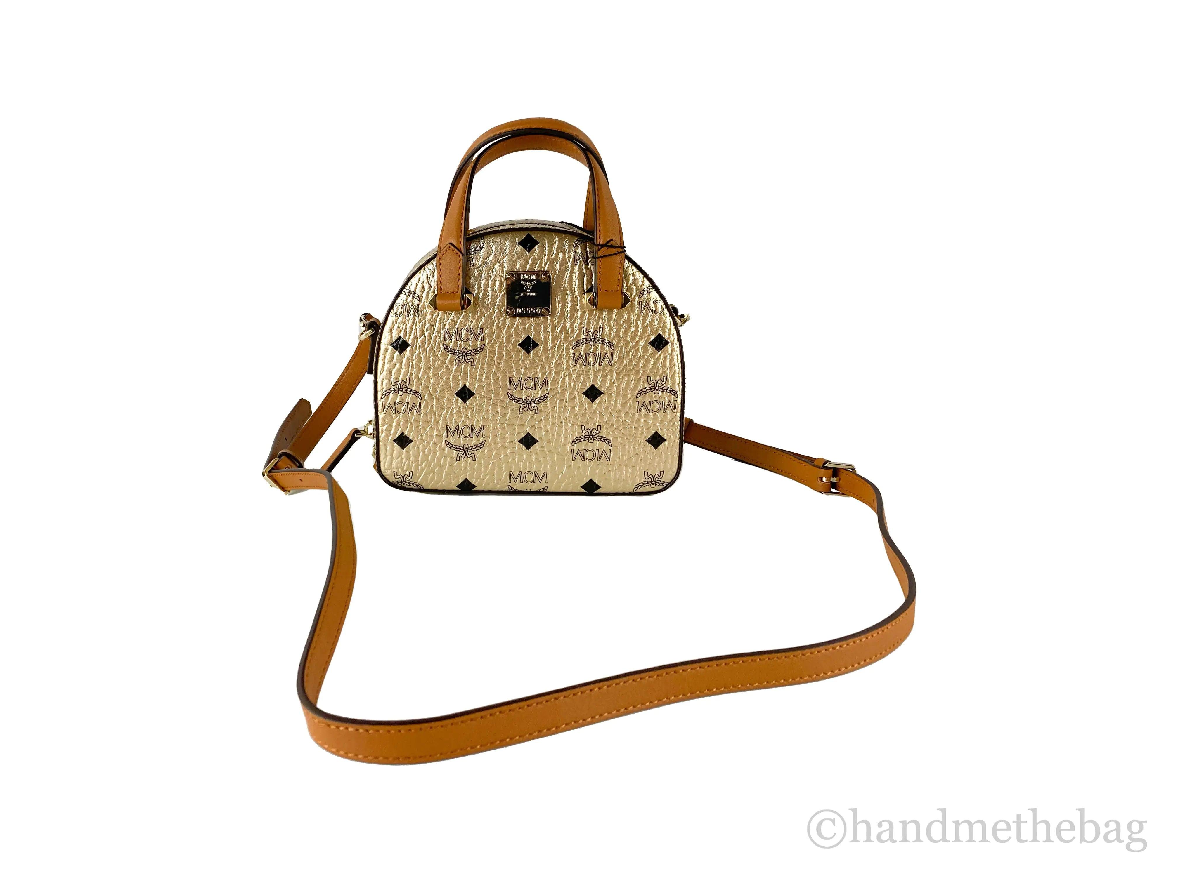 MCM Berlin Gold Leather Mini Round Top Tote Crossbody - Evallys.com # #