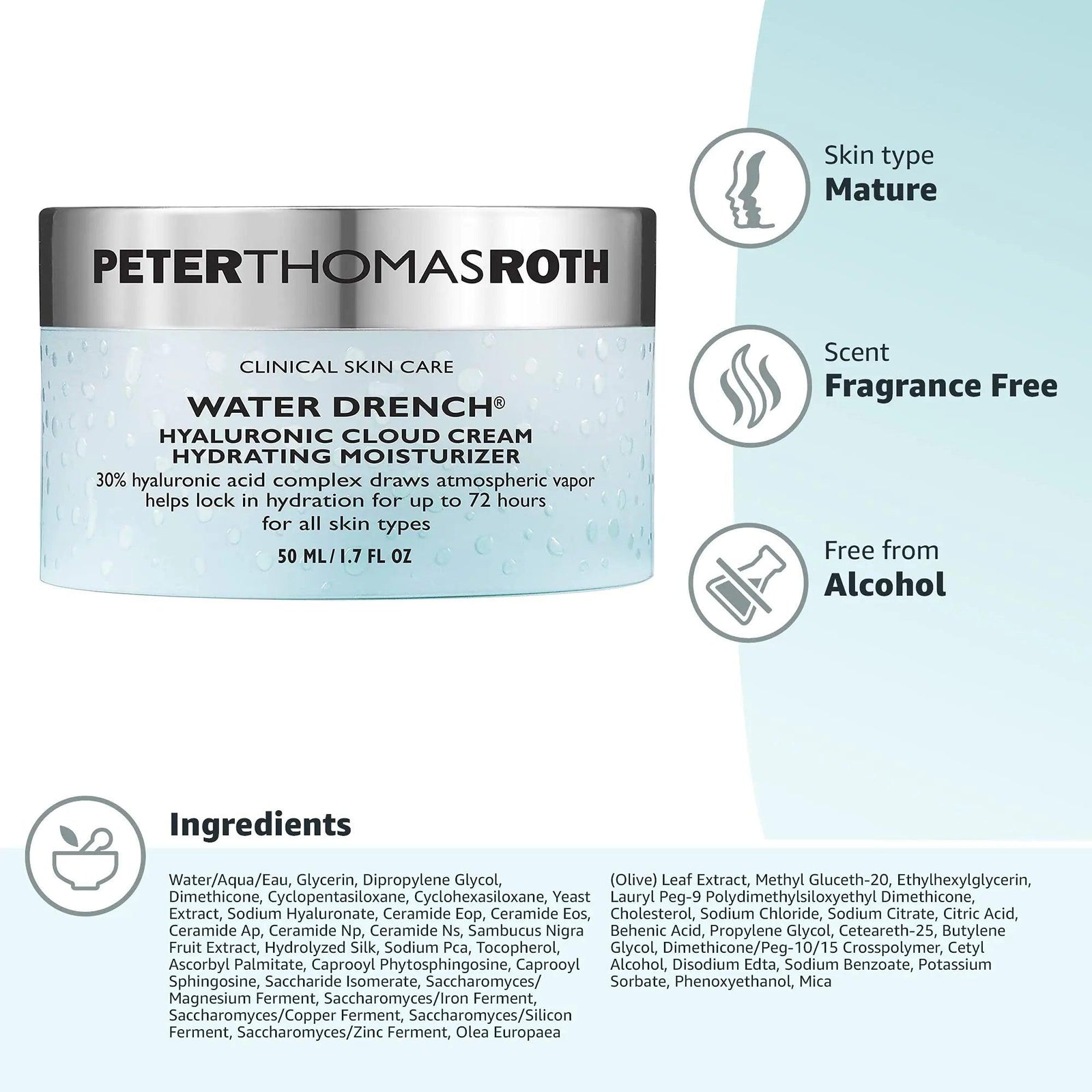 Peter Thomas Roth | Water Drench Hyaluronic Cloud Cream | Hydrating Moisturizer for Face, Up to 72 Hours of Hydration for More Youthful-Looking Skin, Fragnance Free, 1.69 Fl Oz 1.7 Fl Oz (Pack of 1) - Evallys.com # #