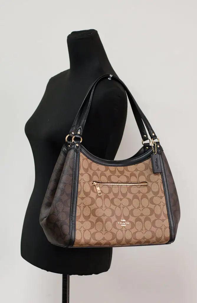 Coach (C6831) Kristy Medium Signature Khaki Brown Block Canvas Shoulder Handbag - Evallys.com # #