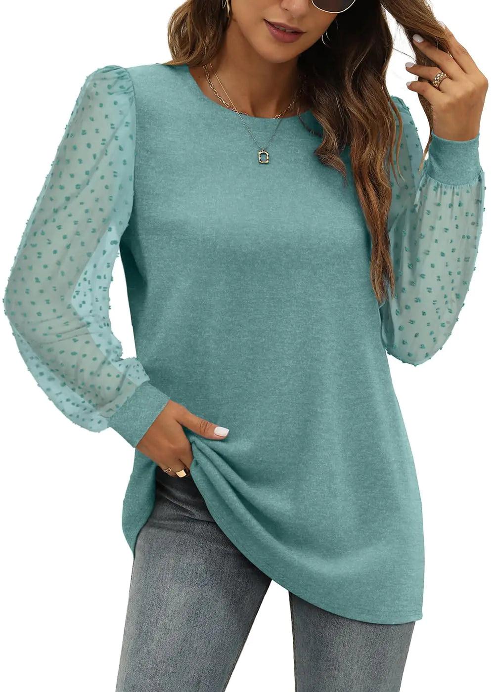 WIHOLL Long Sleeve Shirts for Women Tops Tunic Fall Trendy Crew Neck Clothes Cadetblue Large - Evallys.com # #