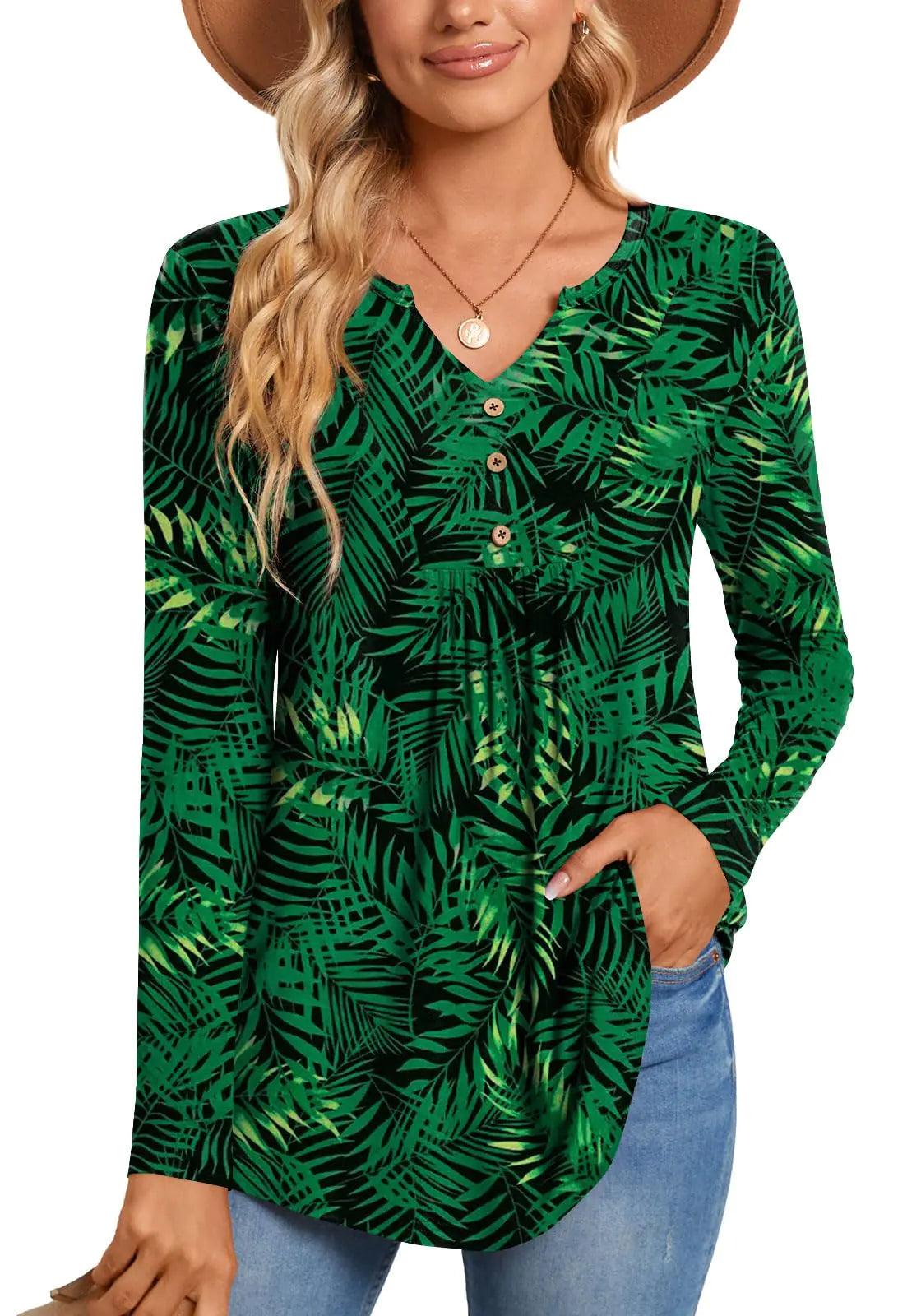 CATHY Womens Long Sleeve Tunic Tops Henley Shirt V-neck Button Down Blouse Casual Pleated Basic Pullover Long Green Leaf-black X-Large - Evallys.com # #