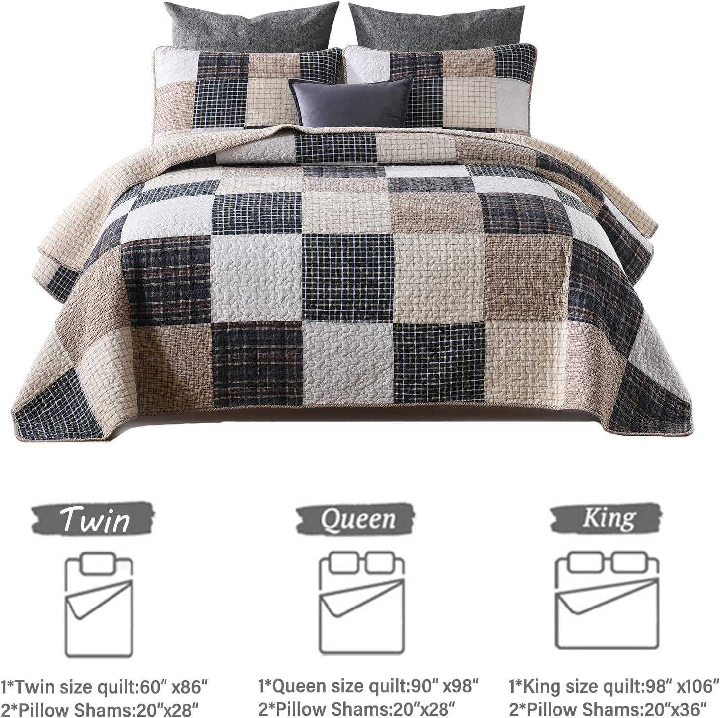 Y-PLWOMEN Quilt 100% Cotton King Size Quilt Set, Brown Khaki Black White Patchwork Plaid Bedspread, Lightweight Reversible Soft Summer Quilt Bedding Set, 3-Pieces - Evallys.com # #