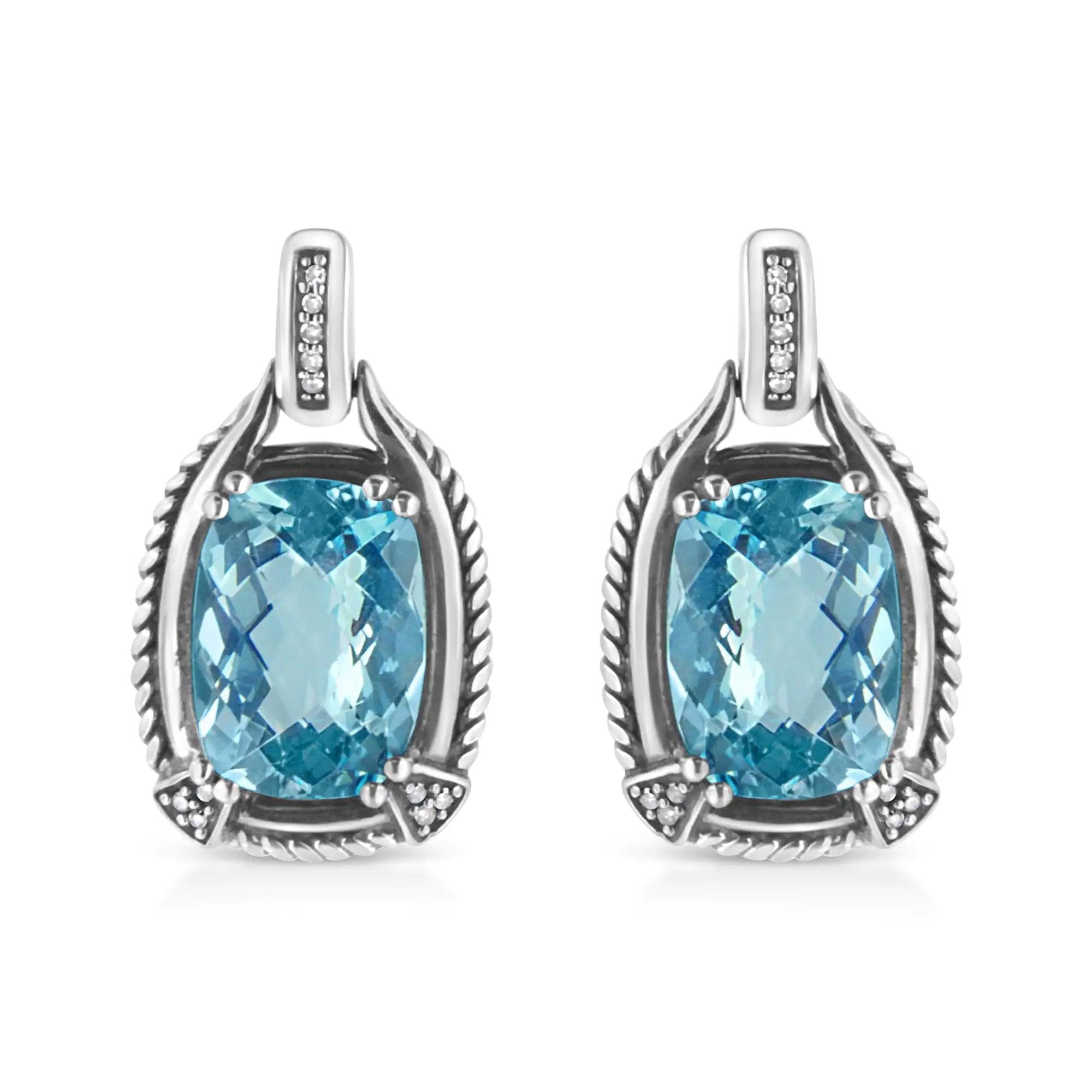 .925 Sterling Silver 14x10MM Cushion Cut Blue Topaz Gemstone and Diamond Accent Dangle Earring (I-J Color, I1-I2 Clarity) - Evallys.com # #