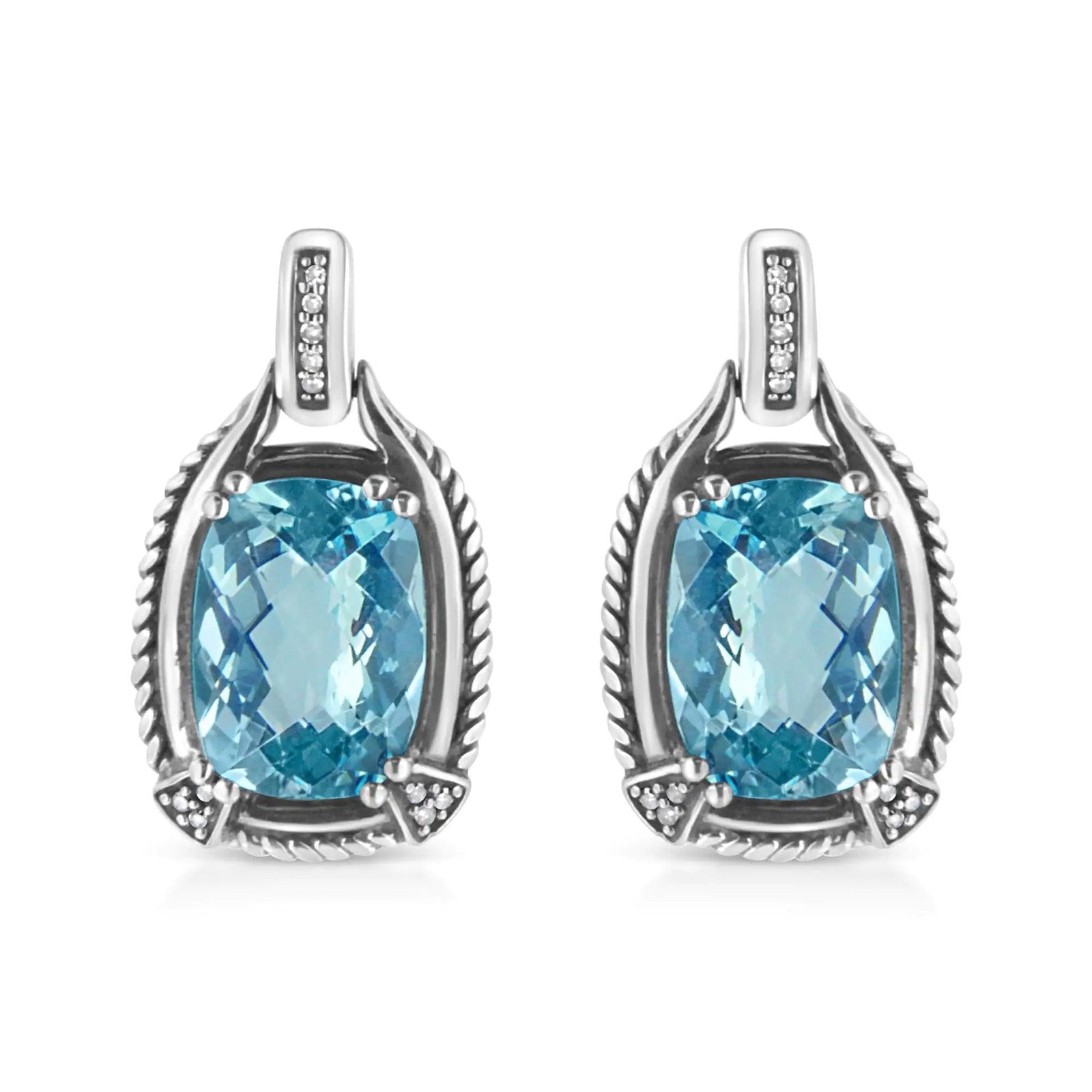 .925 Sterling Silver 14x10MM Cushion Cut Blue Topaz Gemstone and Diamond Accent Dangle Earring (I-J Color, I1-I2 Clarity) - Evallys.com # #