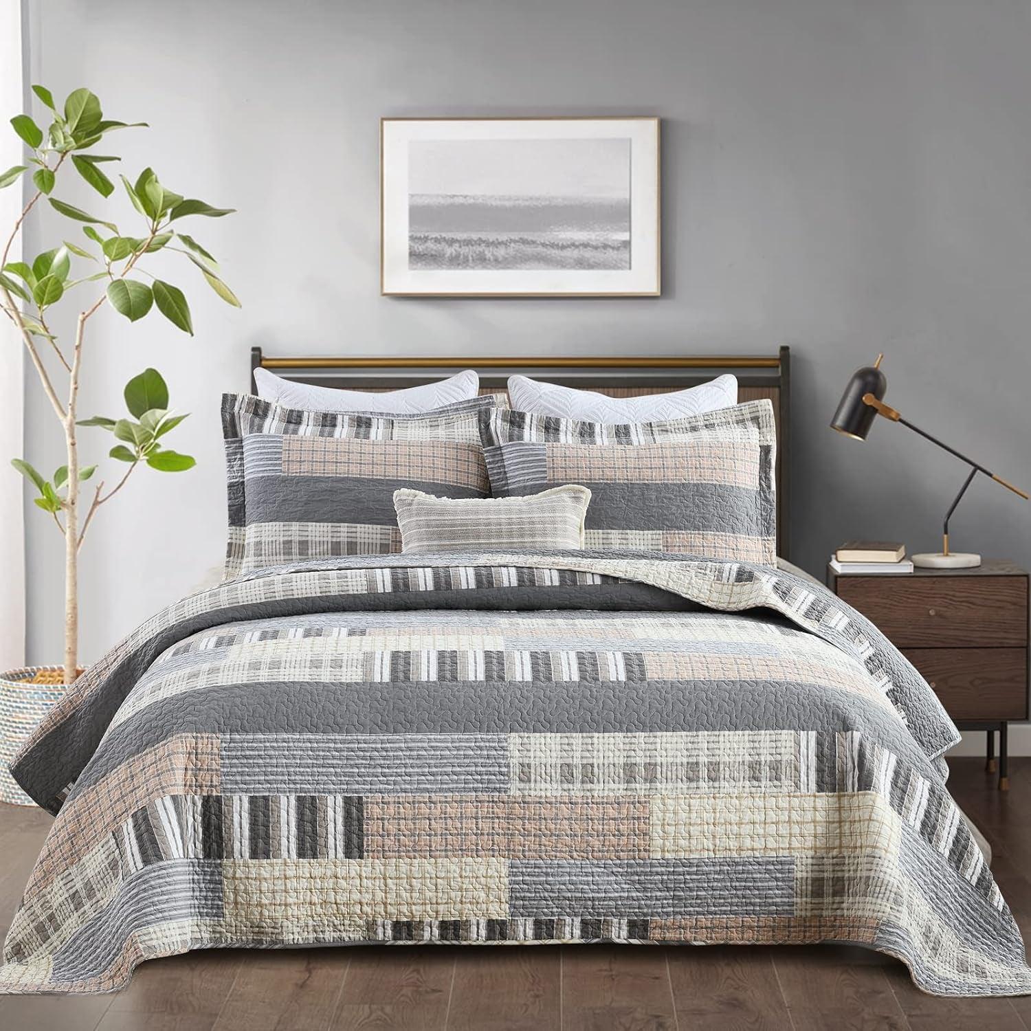 Y-PLWOMEN Quilt 100% Cotton King Size Quilt Set, Brown Khaki Black White Patchwork Plaid Bedspread, Lightweight Reversible Soft Summer Quilt Bedding Set, 3-Pieces - Evallys.com # #