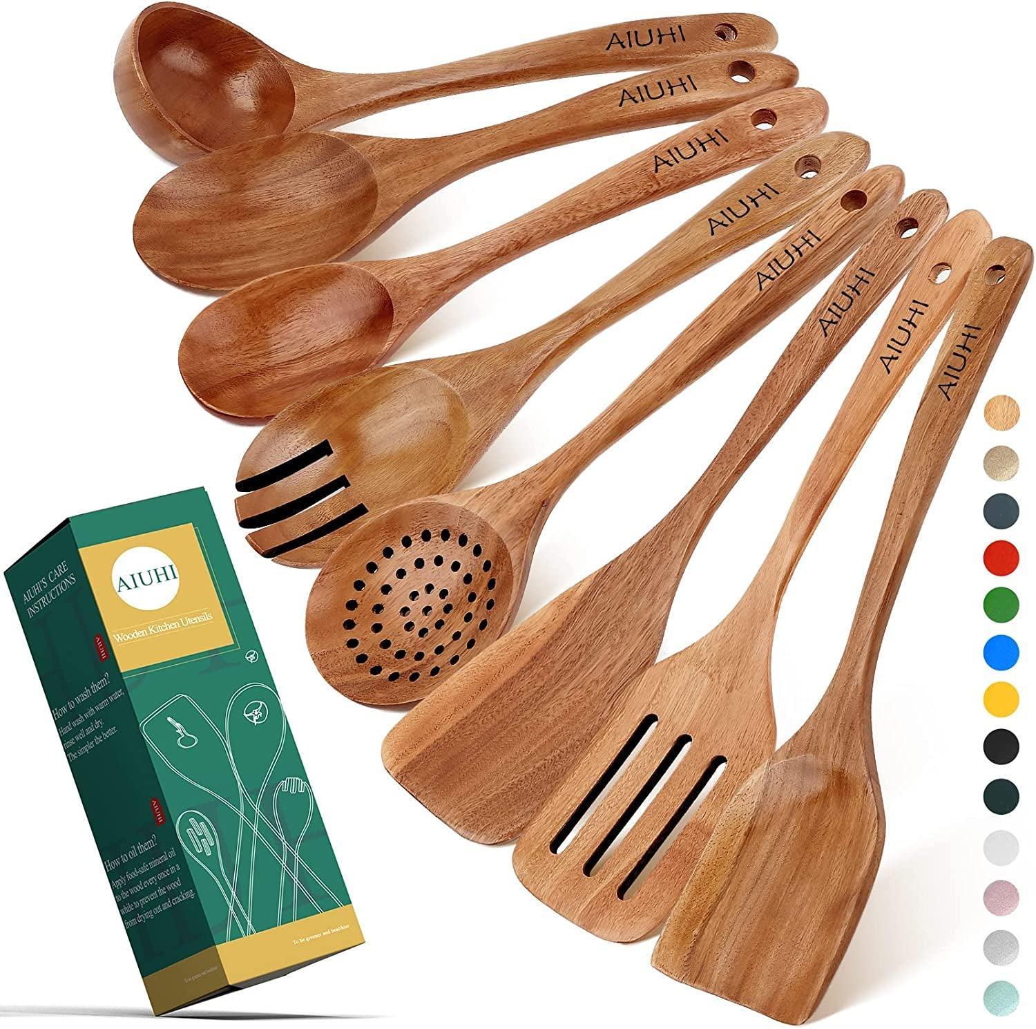 Wood Spoons for Cooking,Nonstick Kitchen Utensil Set,Wooden Spoons Cooking Utensil Set Non Scratch Natural Teak Wooden Utensils for Cooking(Teak 8 Pack) - Evallys.com # #