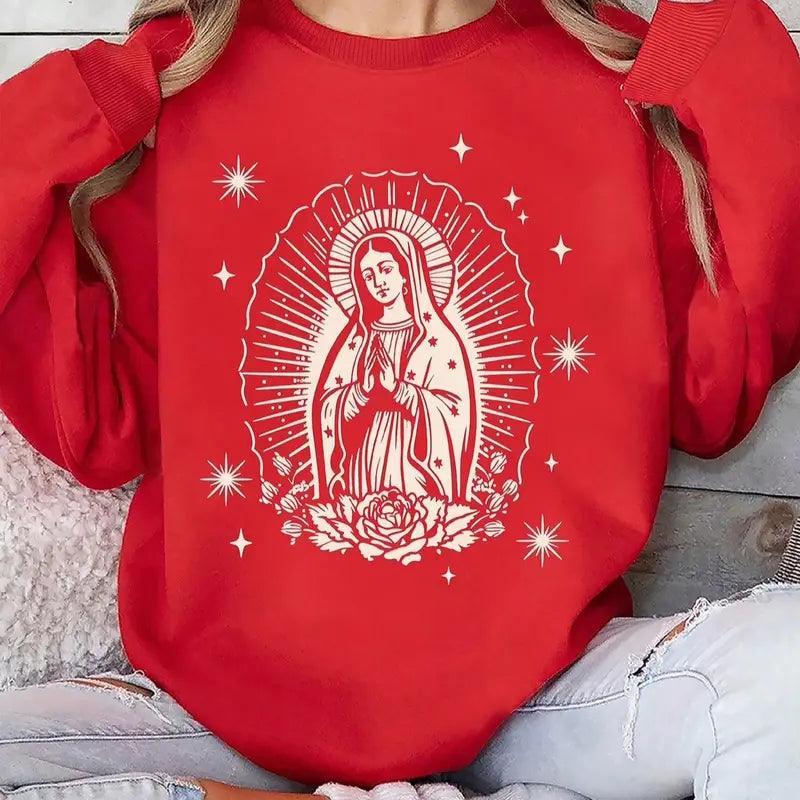 Long-Sleeved Sweater with Dropped Shoulders, Floral Print with the Virgin Mary Hoodie - Evallys.com # #