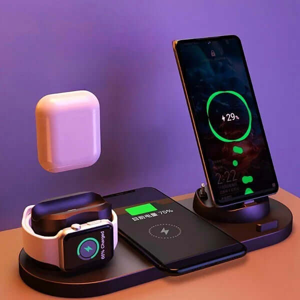 Wireless charger station for iPhone and Apple Watch showcasing fast charging capability with multiple devices.
