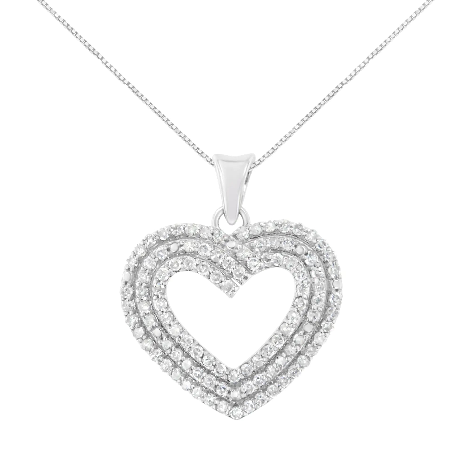 .925 Sterling Silver 1 Cttw Prong-Set Round Cut Diamond Heart 18" Pendant Necklace (J-K Color, I1-I2 Clarity) - Evallys.com # #