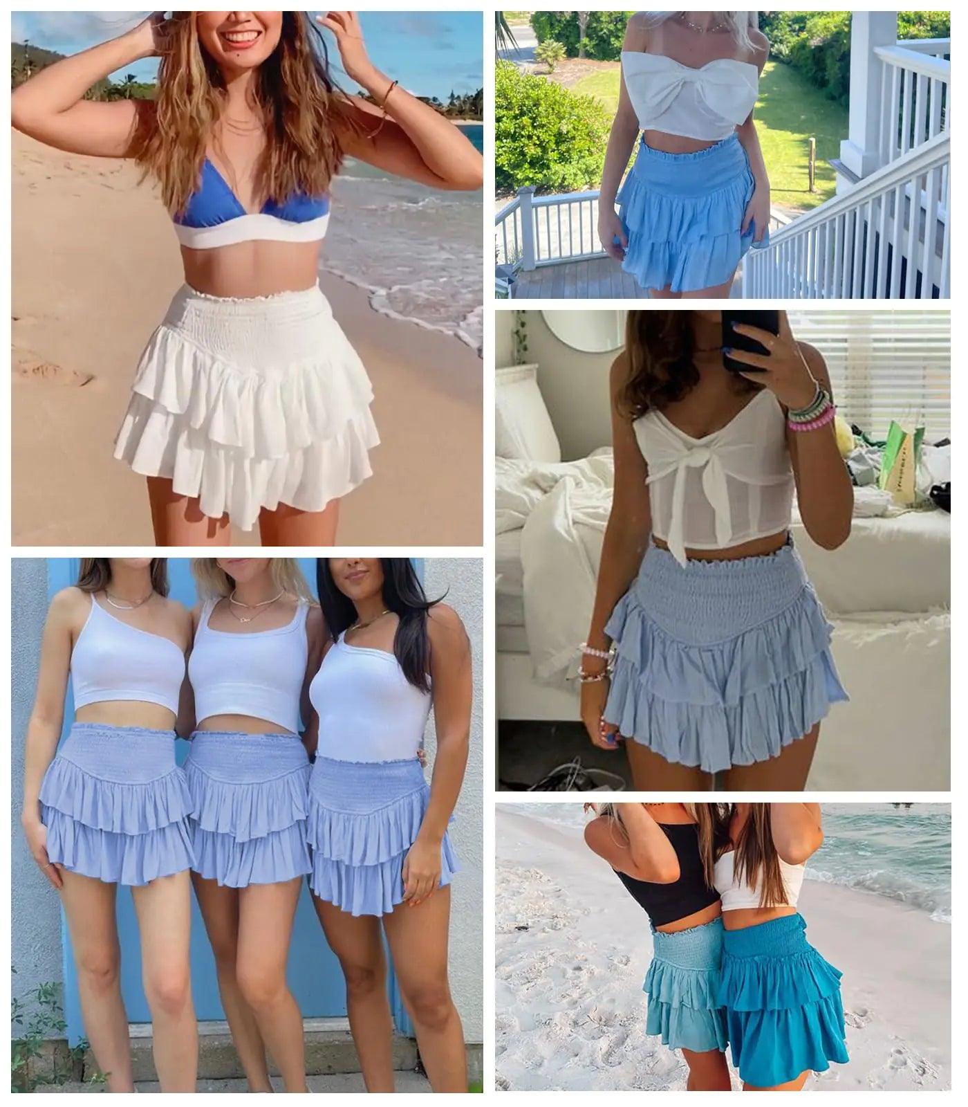 Women's Cute High Waist Ruffle Mini Skirt Layered Ruffle Hem Flared Flowy Casual Swing Beach Mini Short Skirt X-Small Light Blue - Evallys.com # #