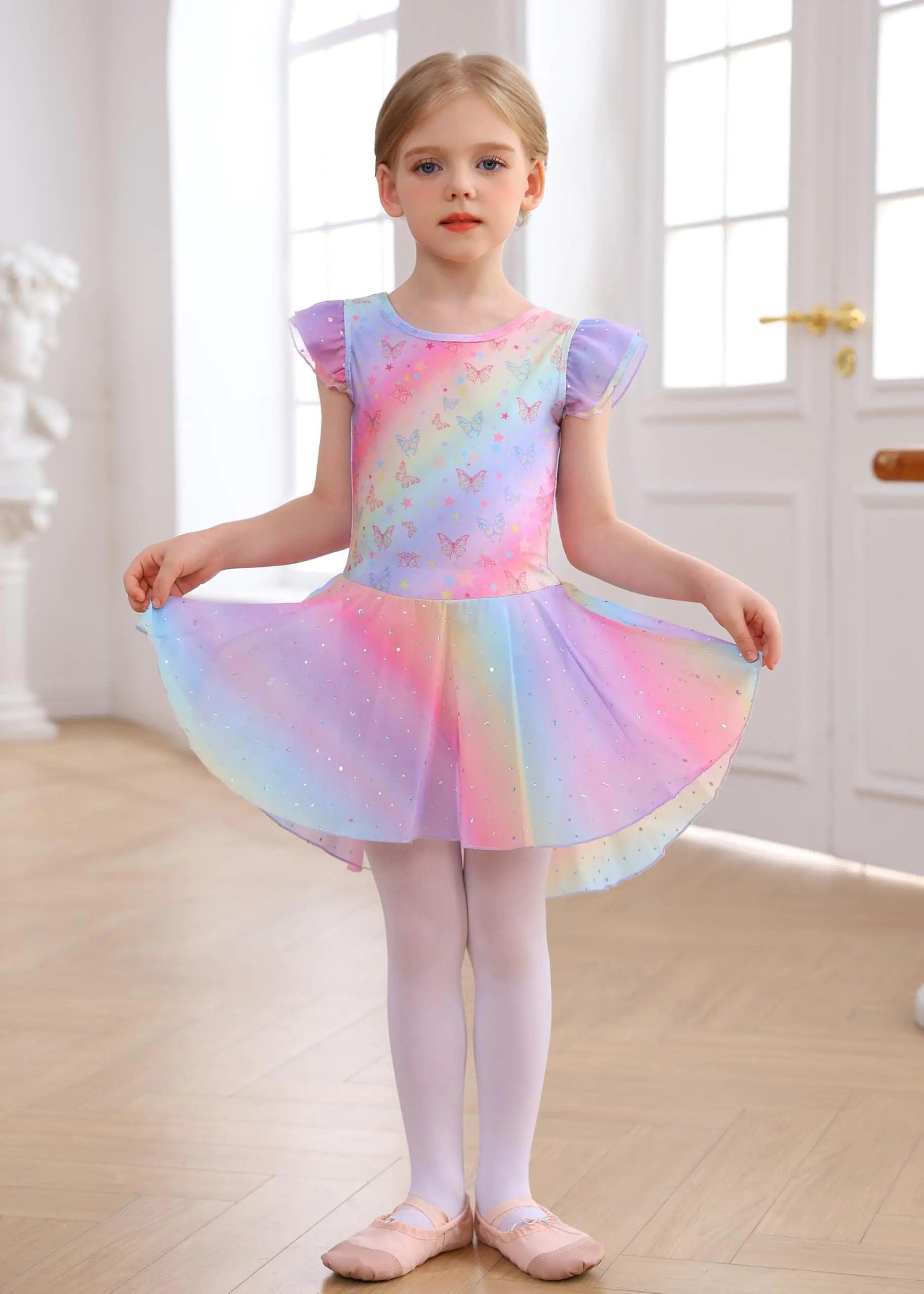 MdnMd Ballet Leotards with Skirt Toddler Girls Dance Ballerina Outfit Dresses Short Sleeve Rainbow Butterfly 4-5T - Evallys.com # #