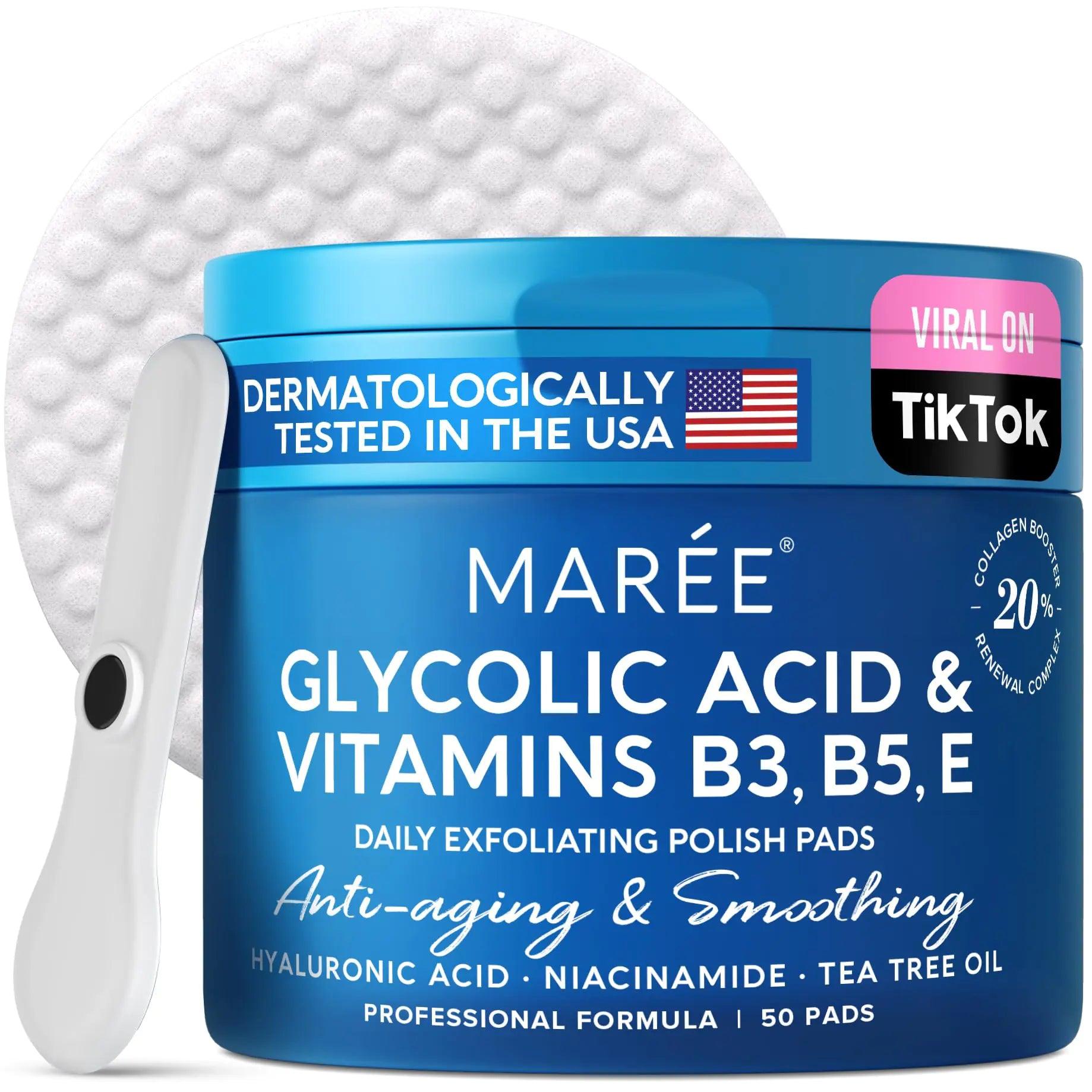 MAREE Facial Polish - Glycolic Acid Peel Pads for Face With Tea Tree Oil - Exfoliating Polish with Salicylic Acid & Vitamins E, B3, B5 - Face Pads with Skin Peeling & Deep Cleaning Effect - 50 Pads - Evallys.com # #