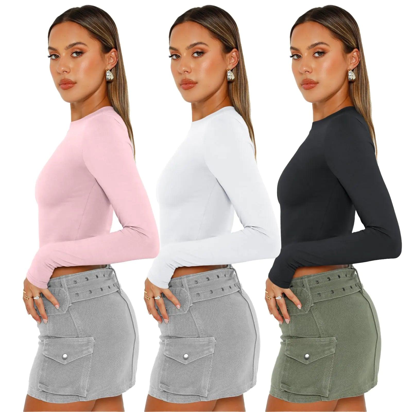 AUTOMET 3 Pack Womens Long Sleeve Shirts Y2K Going Out Crop Tops Cute Basic Slim Fitted Fall Fashion Outfits 2024 Clothes Medium Pinkwhiteblack - Evallys.com # #