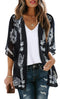 Women's Floral Print Puff Sleeve Kimono Cardigan Loose Cover Up Casual Blouse Tops Large Black - Evallys.com # #