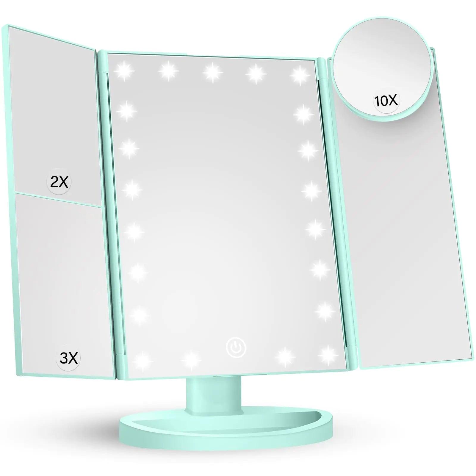 HUONUL Makeup Mirror Vanity with Lights, 2X 3X 10X Magnification, Lighted Mirror, Touch Control, Trifold Dual Power Supply, Portable LED Women Gift (Green) Green - Evallys.com # #