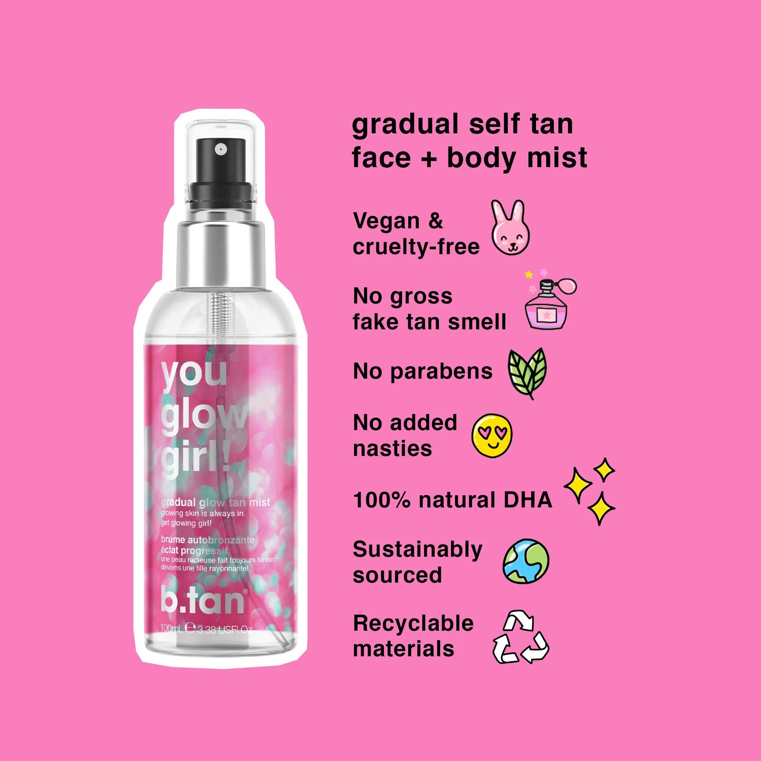 b.tan Face & Body Self Tanner Mist | You Glow Girl - Lightweight, Daily Gradual Sunless Tanner Mist For Glowing Skin All Day Long, Quick Drying, Streak-Free, Vegan, 3.38 Fl Oz you glow girl face & body mist - Evallys.com # #