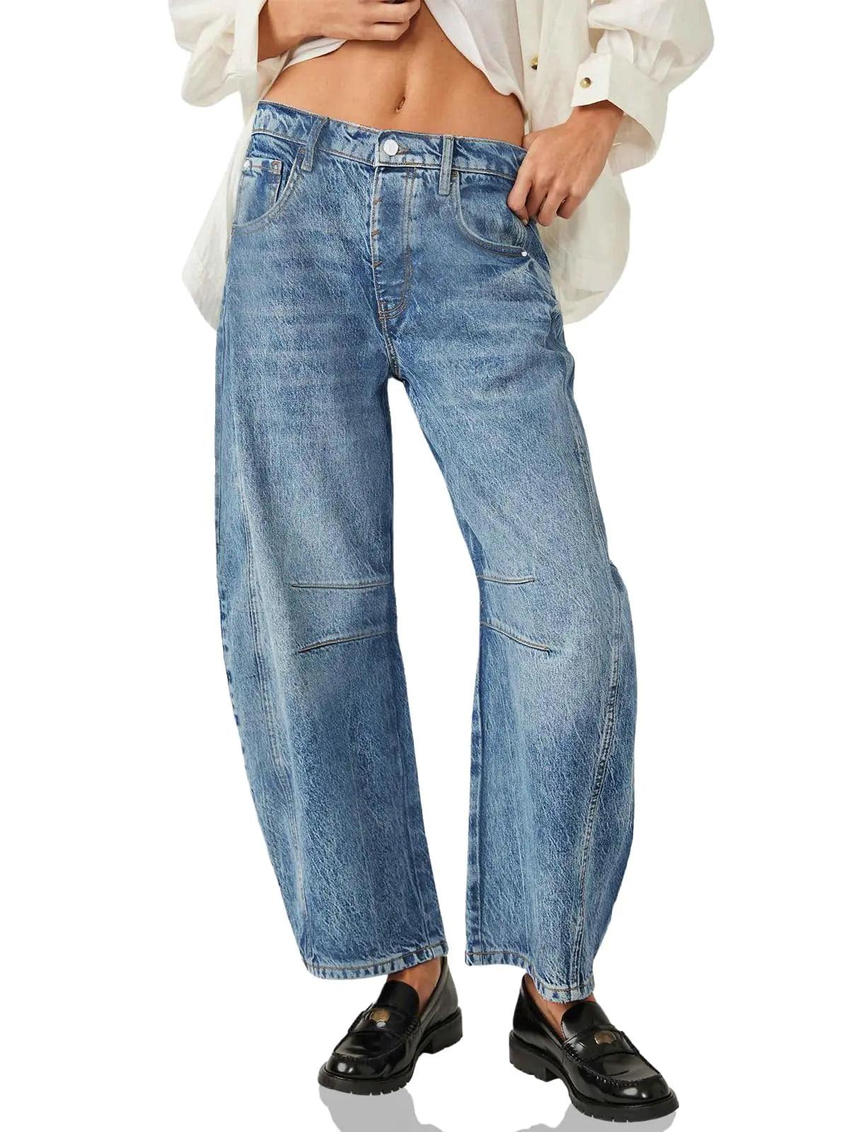 PLNOTME Women's Baggy Boyfriend Jeans Vintage Wide Leg Mid Rise Barrel Denim Ankle Pants 8 Blue - Evallys.com # #