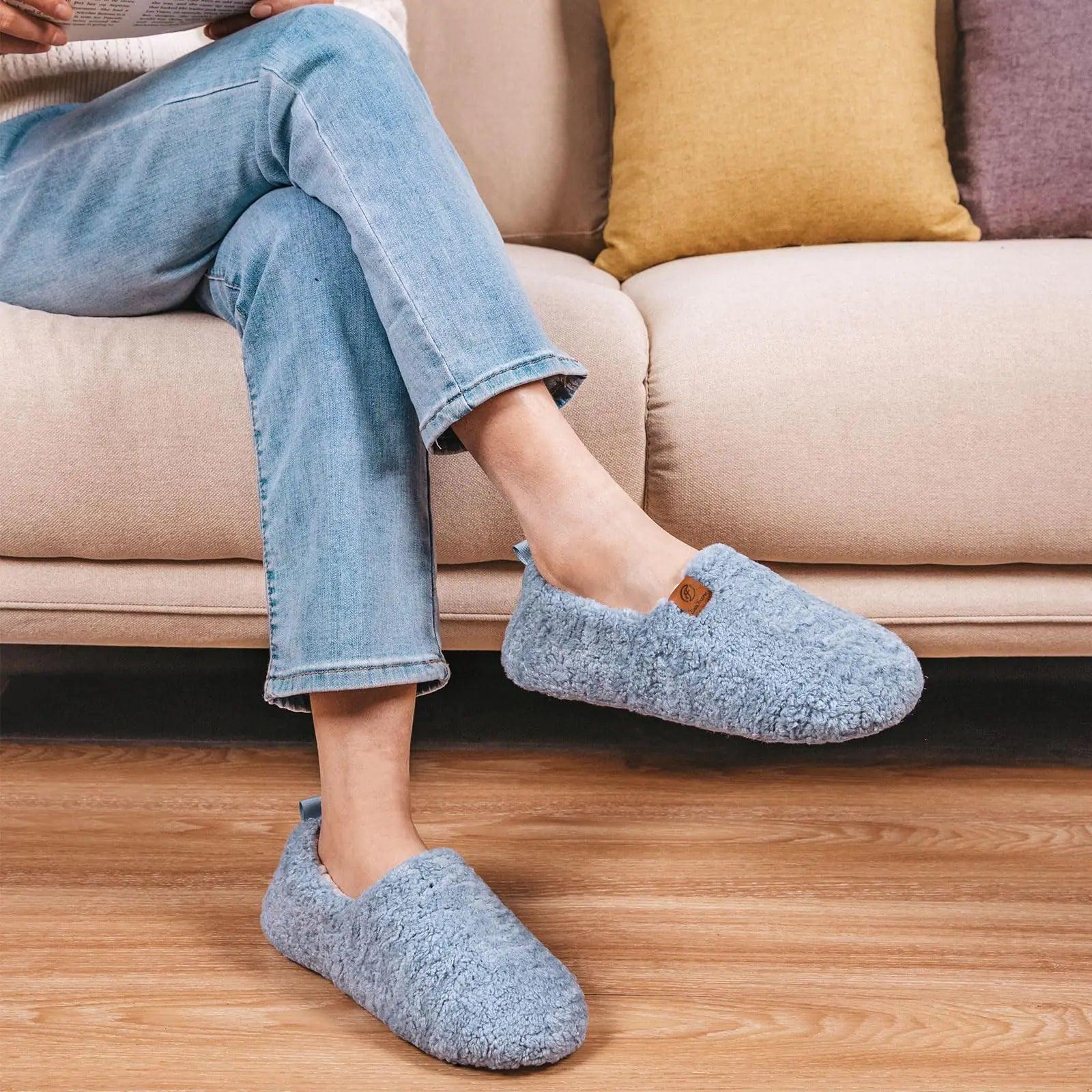 EverFoams Women’s Soft Curly Full Slippers Memory Foam Lightweight House Shoes Cozy Loafer with Polar Fleece Lining 5-6 Light Blue - Evallys.com # #