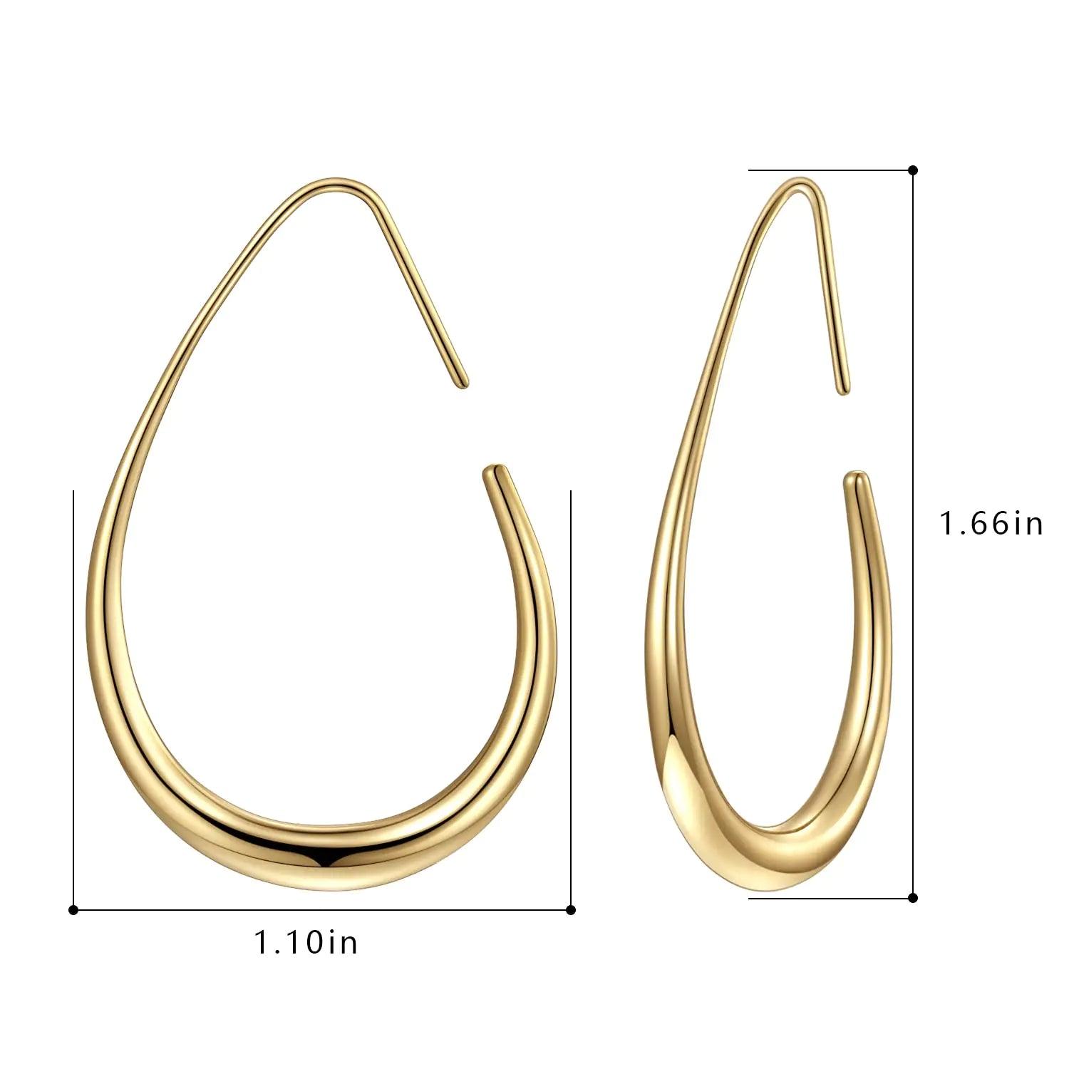 Lightweight Teardrop Hoop Earrings for Women - 14k Gold/White Gold Plated Large Oval Pull Through Hoop Earrings High Polished Statement Jewelry Gift for Women - Evallys.com # #