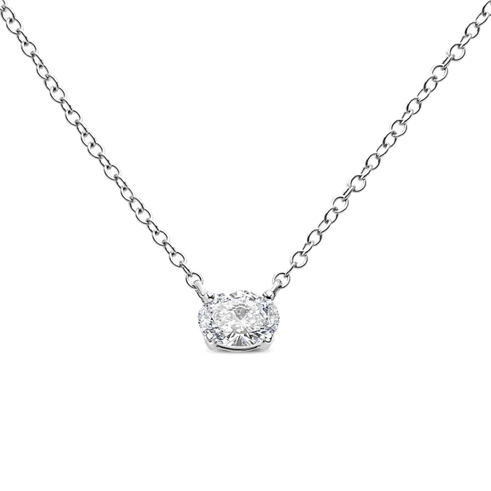 14K White Gold 1/2 Cttw Lab Grown Oval Shape Solitaire Diamond East West 18" Pendant Necklace (E-F Color, VS1-VS2 Clarity) - Evallys.com # #