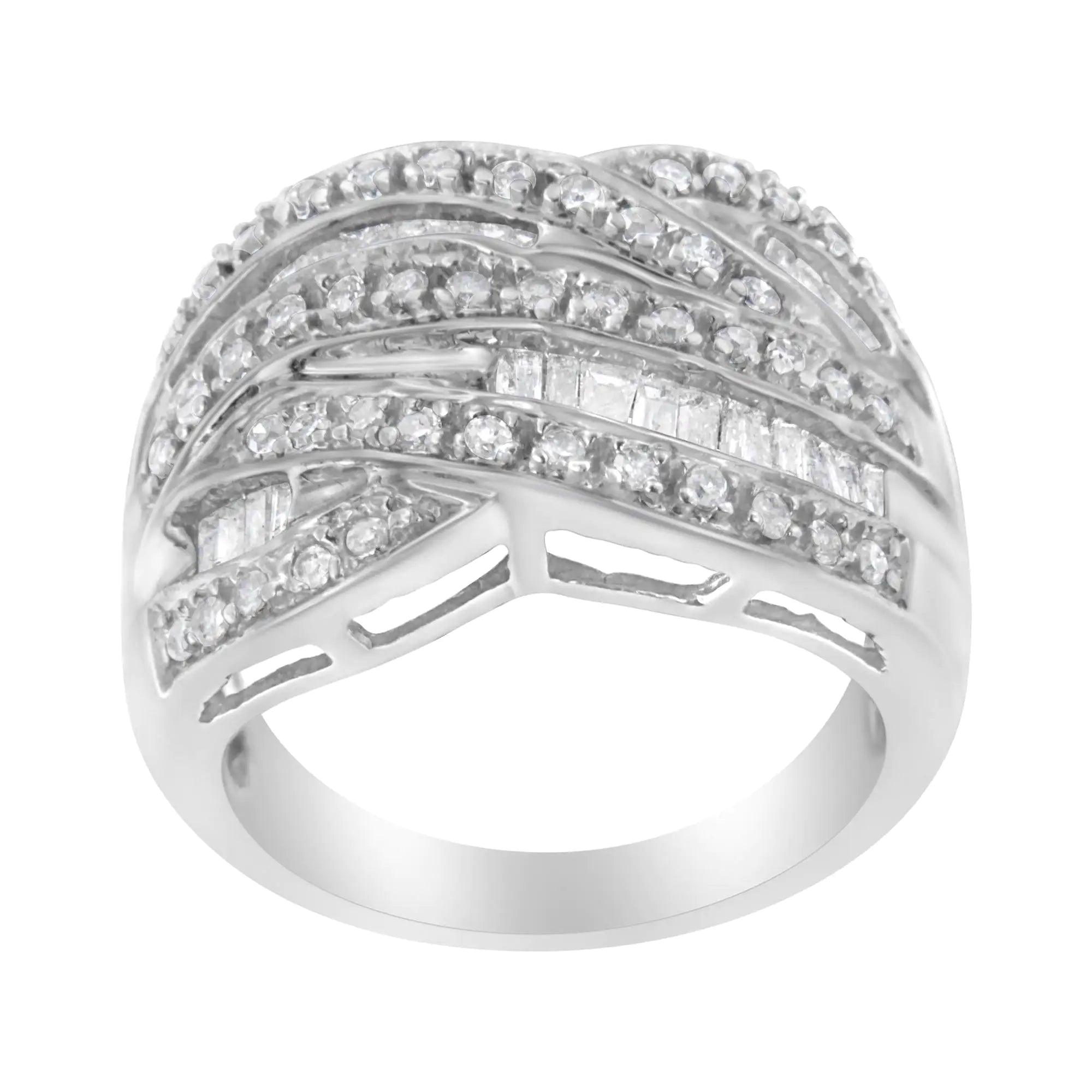 .925 Sterling Silver 1.0 Cttw Channel Set Alternating Round and Baguette Diamond Cross-over Bypass Ring Band (I-J Color, I2-I3 Clarity) - Evallys.com # #